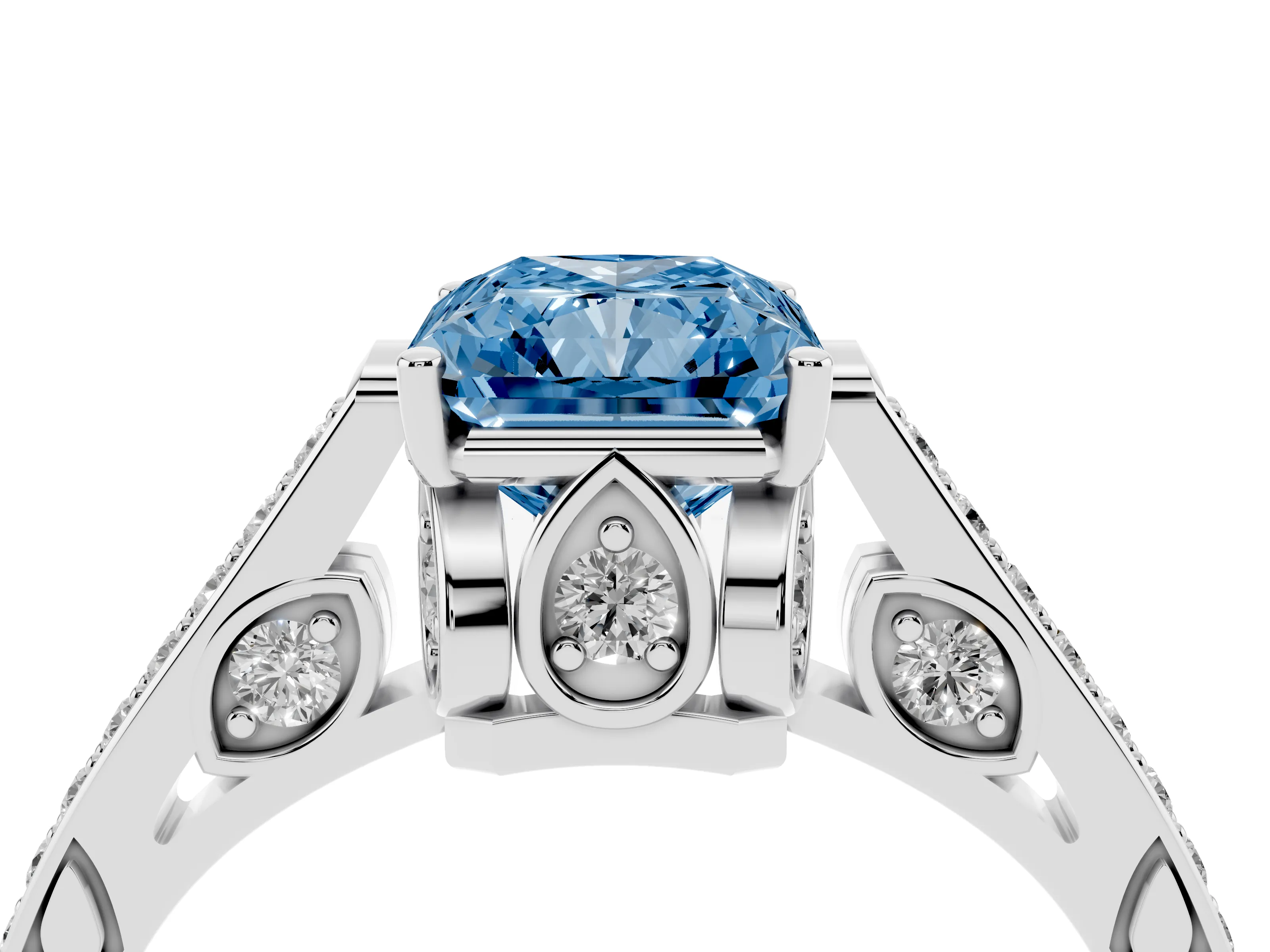Fancy Blue Radiant Cut Diamond Cathedral Pavé Engagement Ring Set in Platinum with Prong Setting