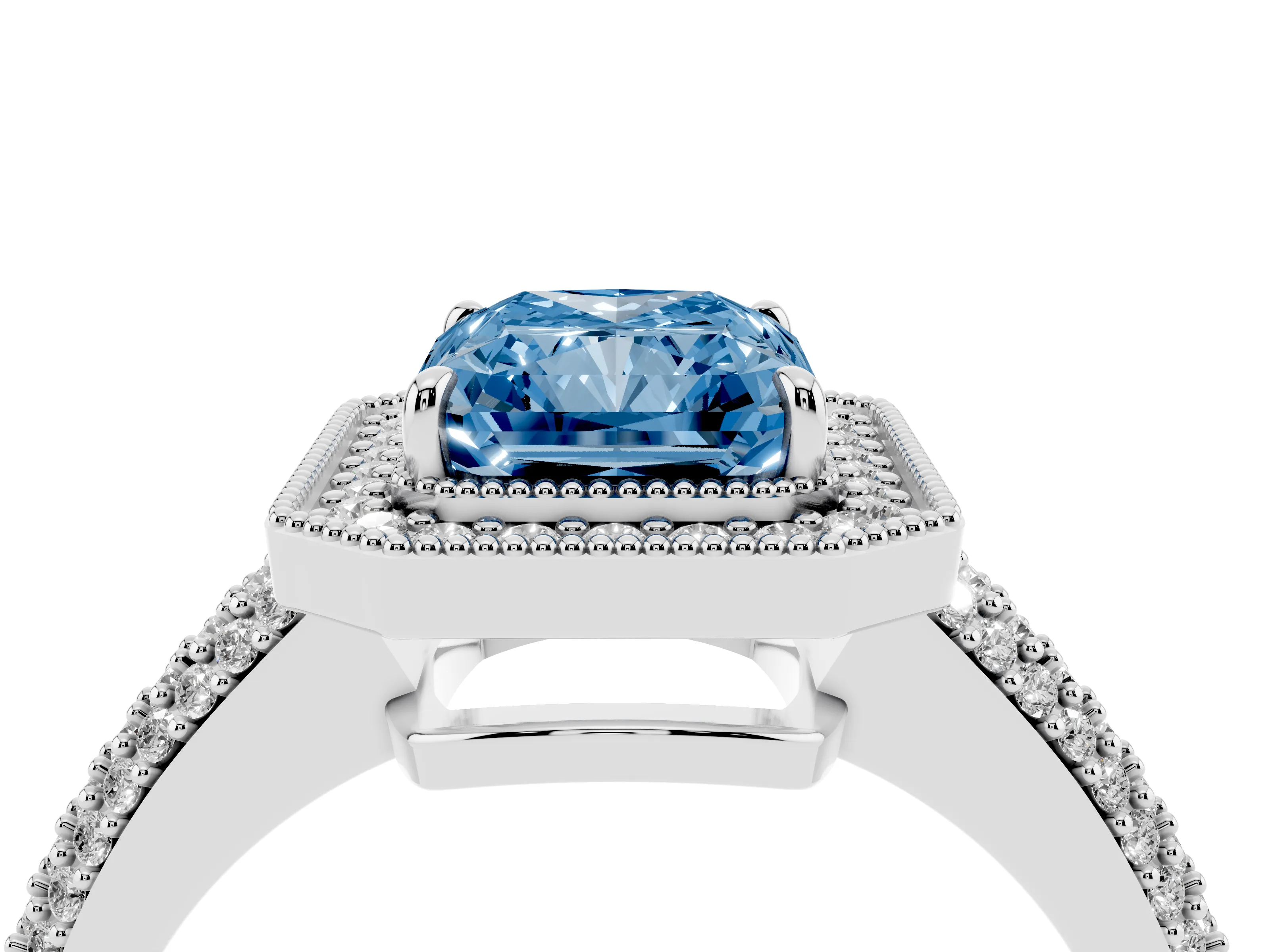 Fancy Blue Radiant Cut Diamond Halo Pavé Band Set in White gold with Prong Setting