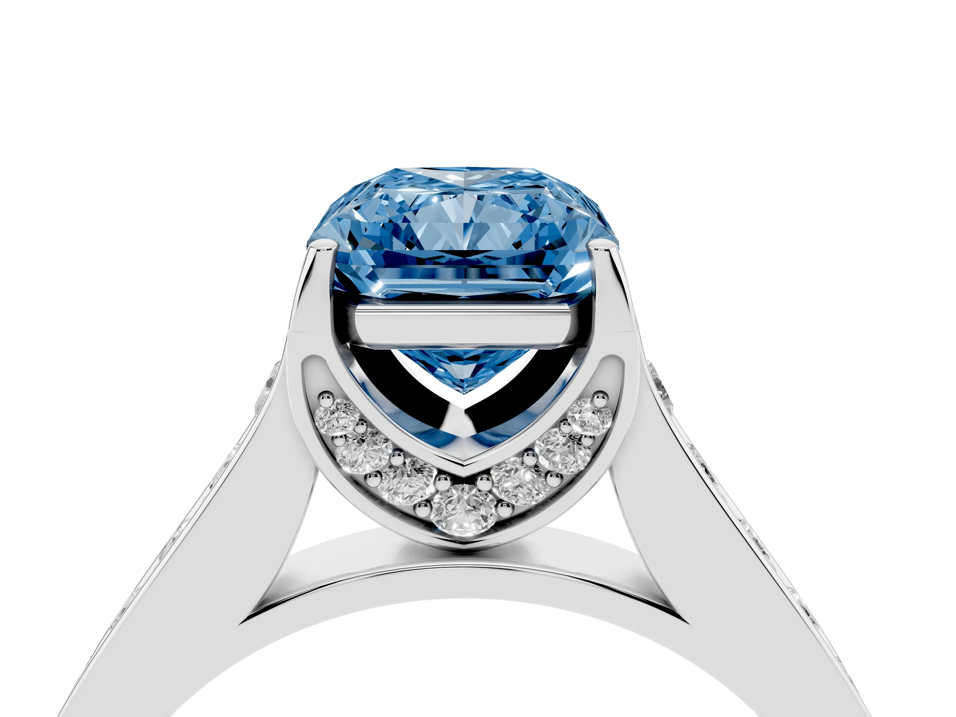 Fancy Blue Radiant Cut Diamond Solitaire Pavé Engagement Ring Set in Platinum with Prong Setting