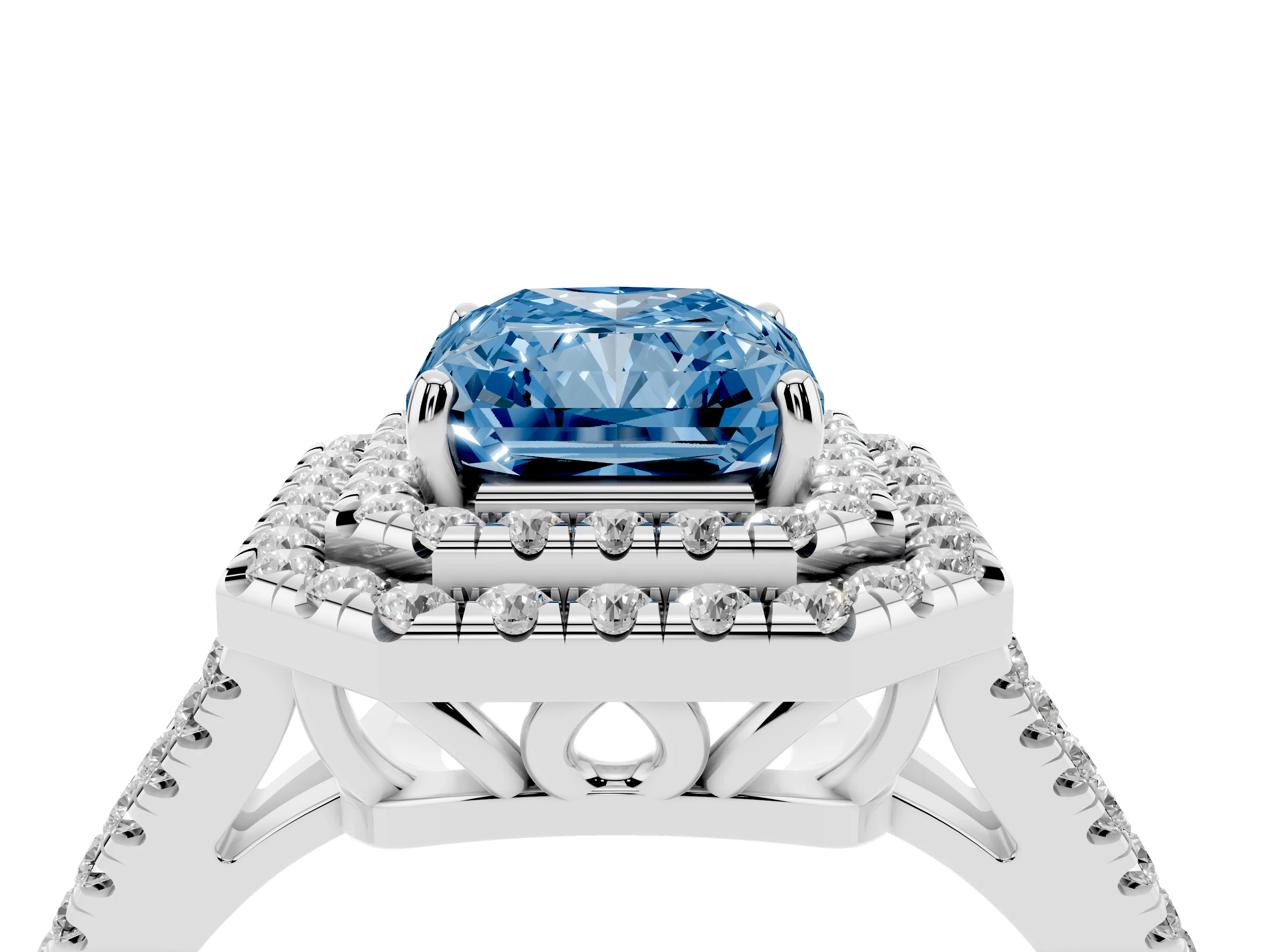 Fancy Blue Radiant Cut Diamond Double Halo Ring Set in Silver with Pavé Band