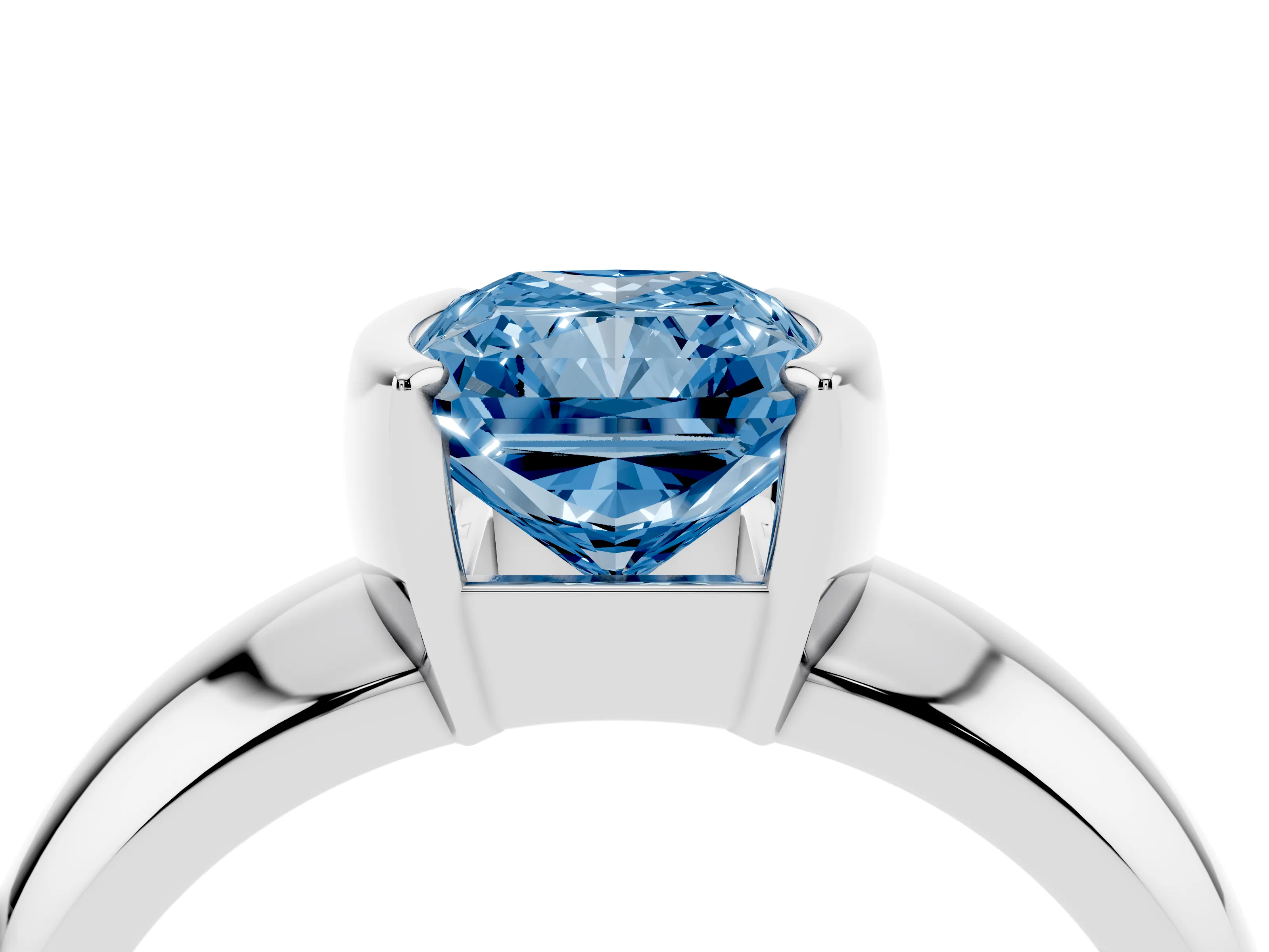 Fancy Blue Radiant Cut Diamond Solitaire Tension Set Ring Set in White gold with Wide Band