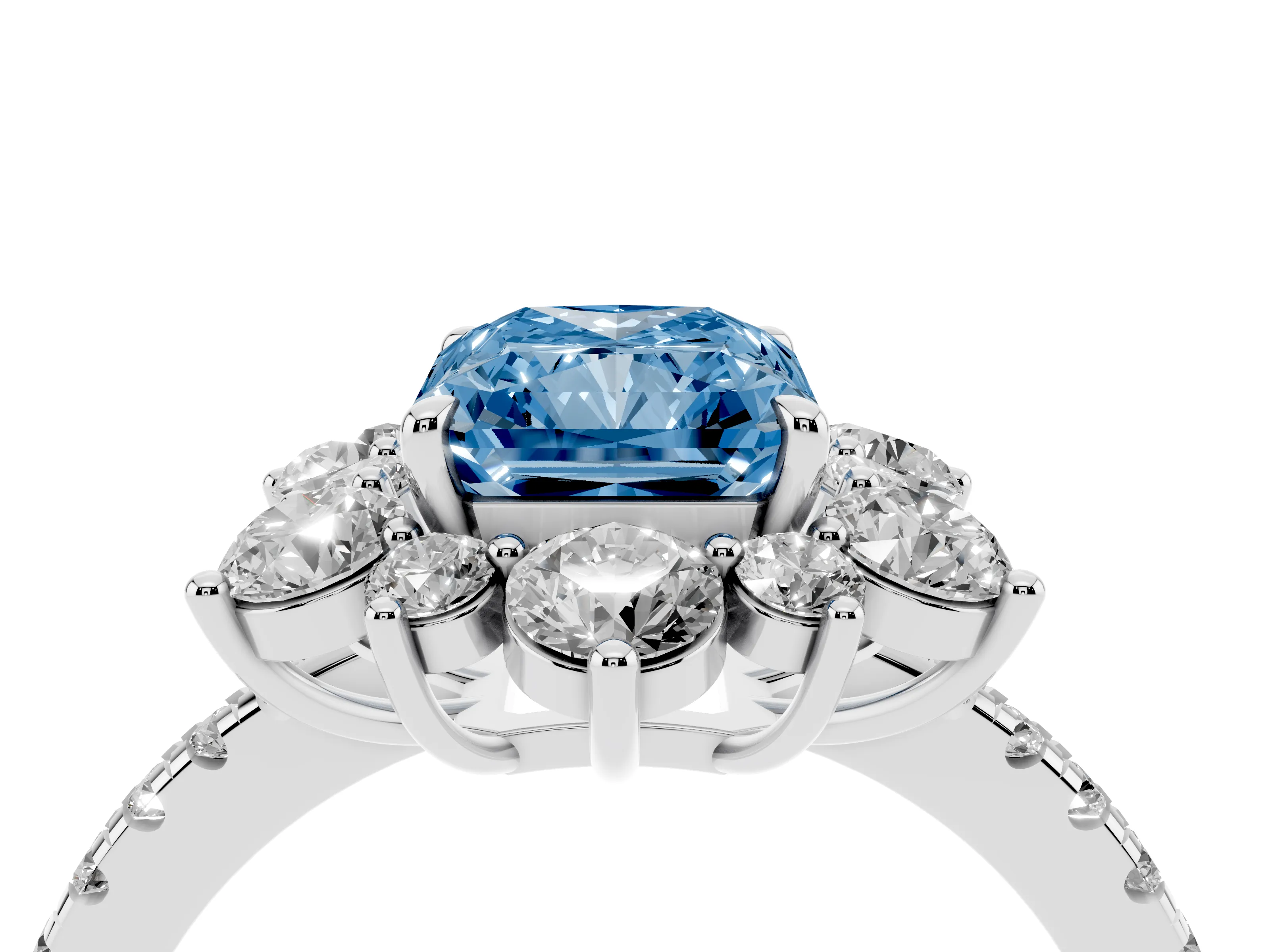 Fancy Blue Radiant Cut Diamond Floral Halo Ring Set in Silver with Round Pavé Band and Prong Setting