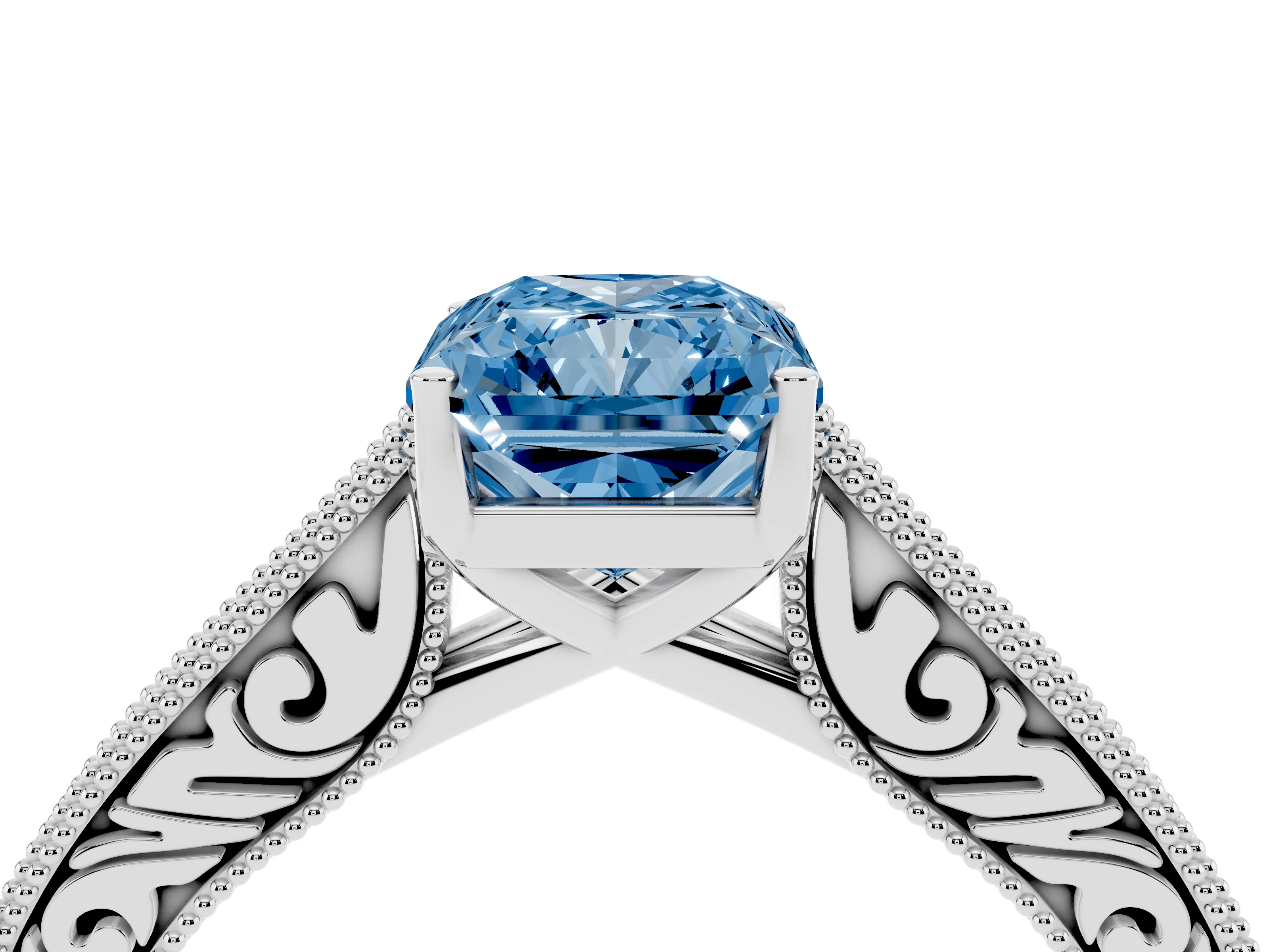 Fancy Blue Radiant Cut Diamond Milgrain Pavé Band Solitaire Ring Set in Silver with Prong Setting