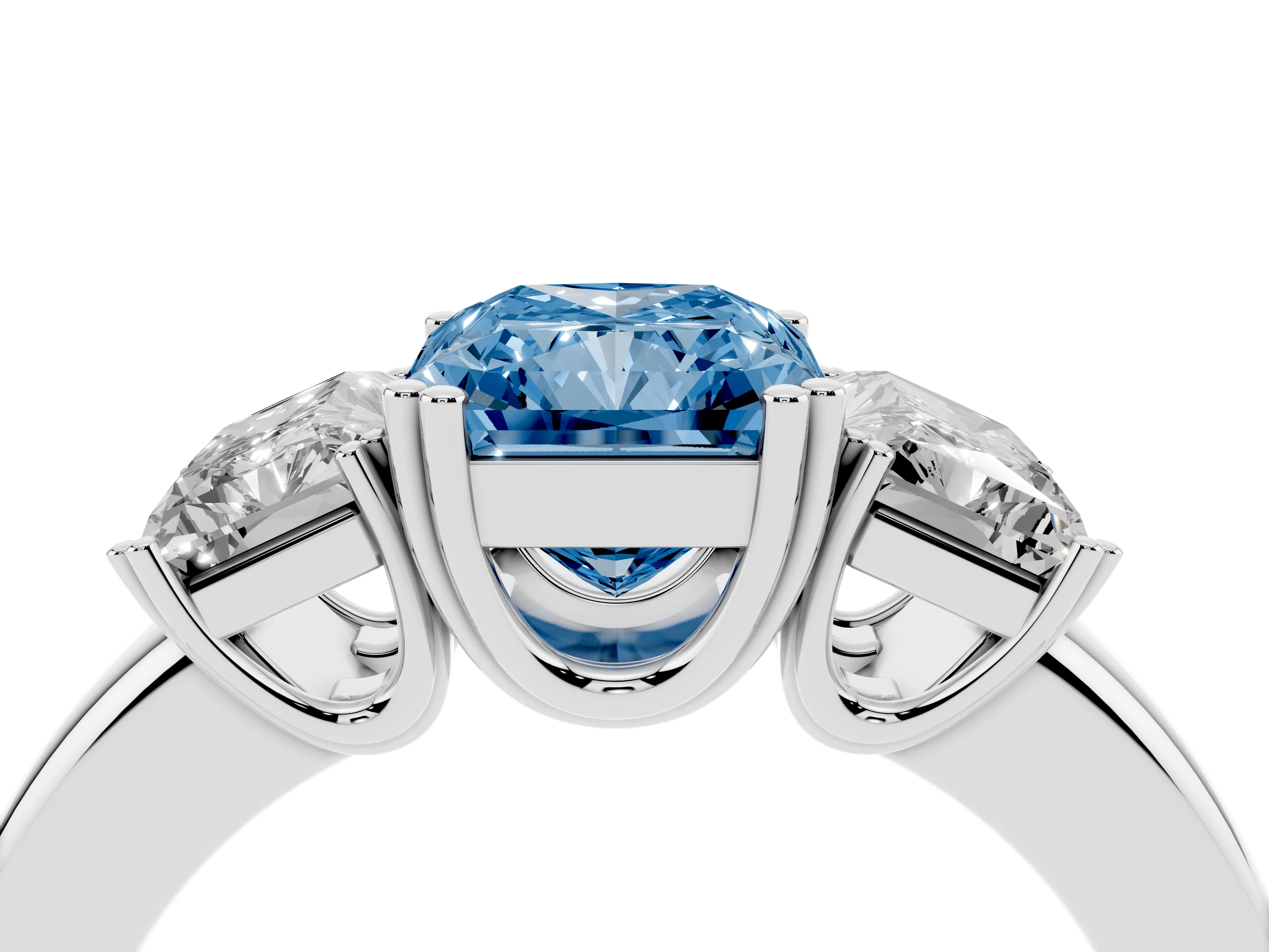Fancy Blue Radiant Cut Diamond Three-Stone Ring Set in Platinum with Polished Channel-Set Band