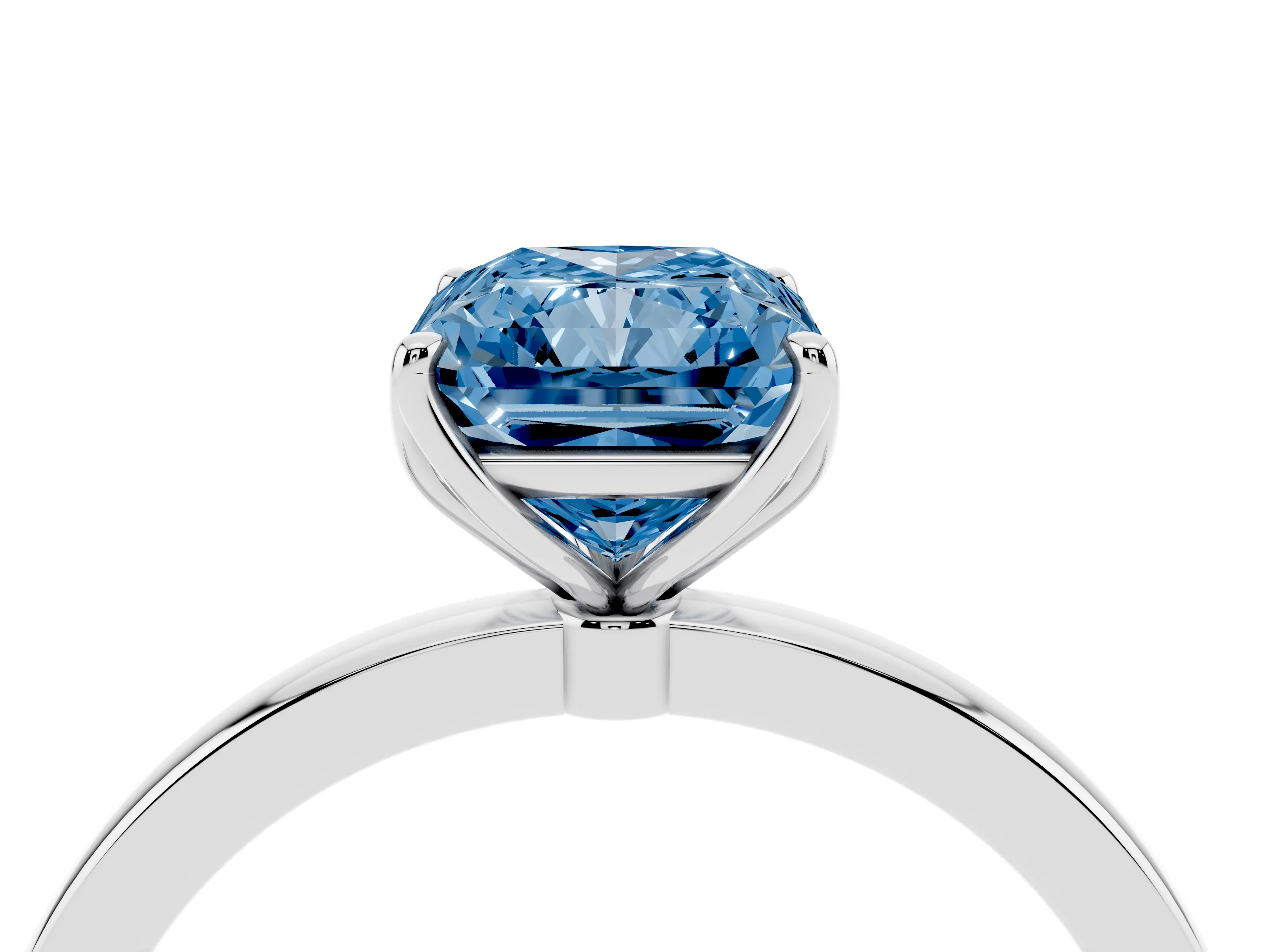 Fancy Blue Radiant Cut Diamond Solitaire Ring Set in White gold with Prong Setting and Thin Polished Band