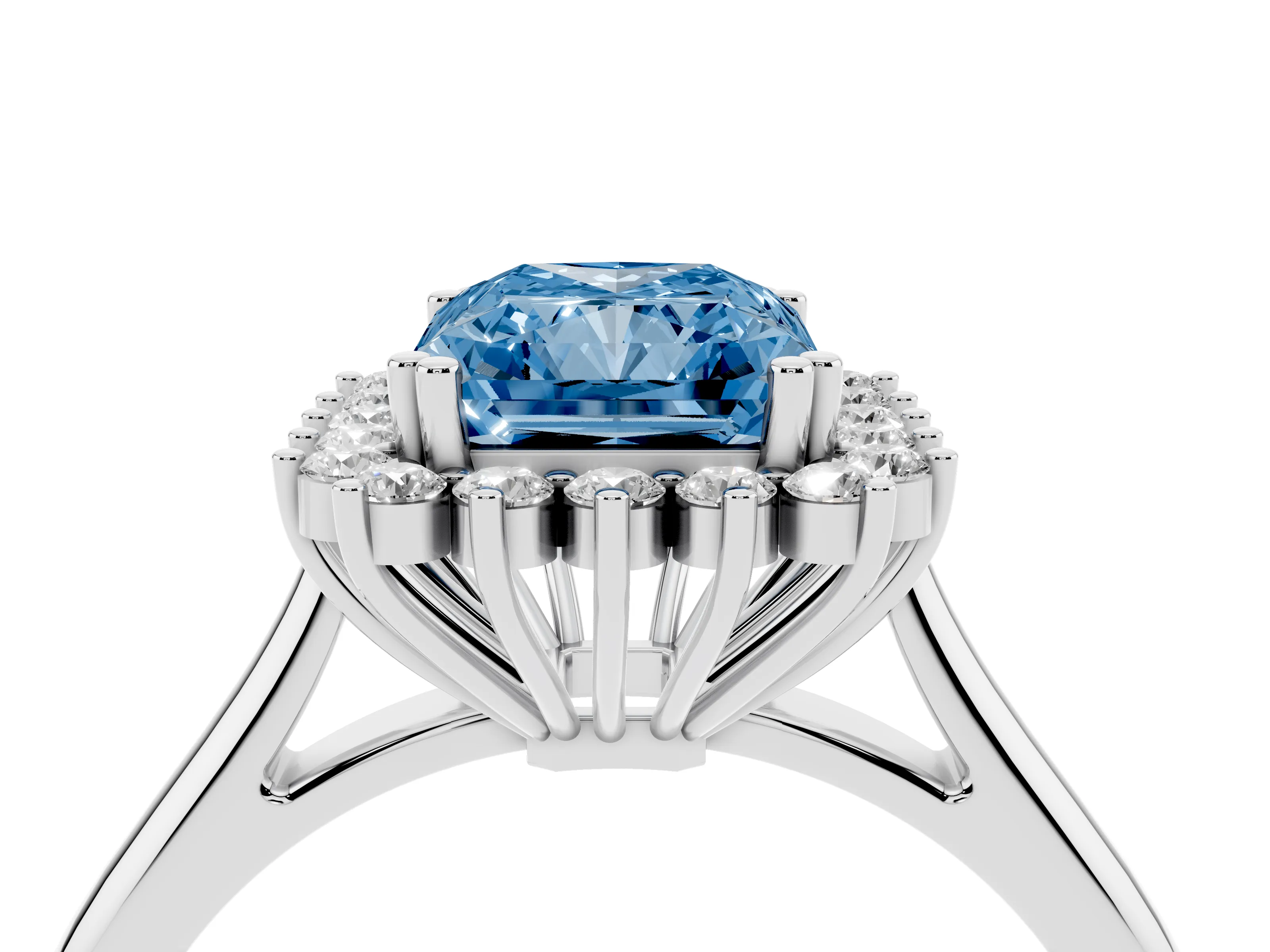 Fancy Blue Radiant Cut Diamond Halo Ring Set in White gold with Plain Solitaire Band and Prong Setting