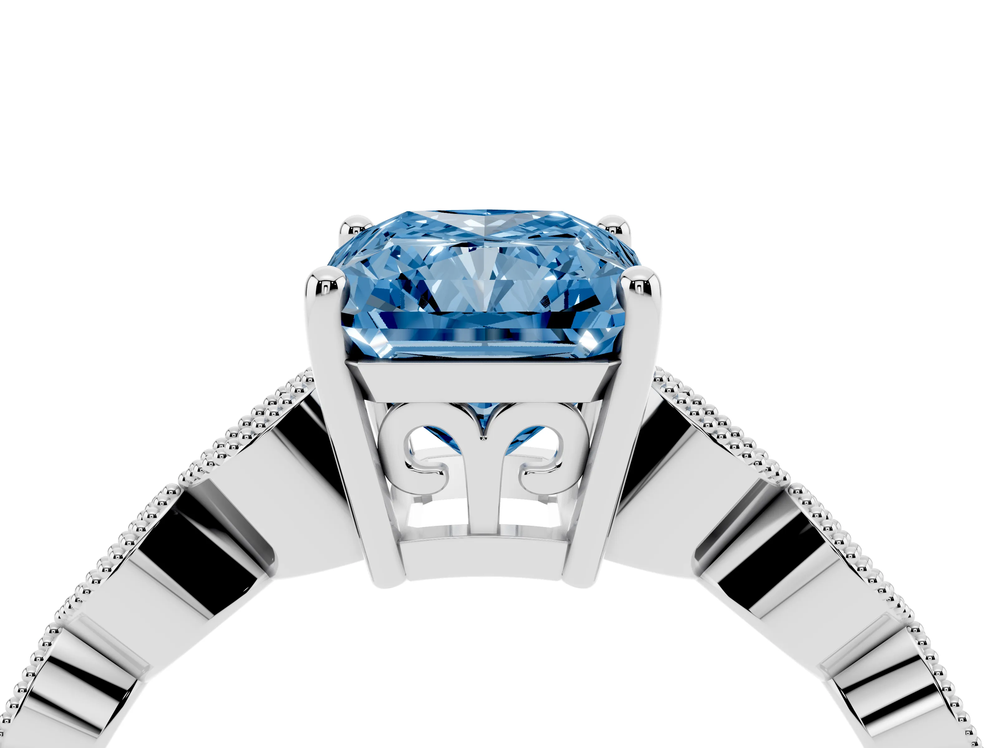 Fancy Blue Radiant Cut Diamond Solitaire Ring Set in Platinum with Infinity Twist Pavé Band