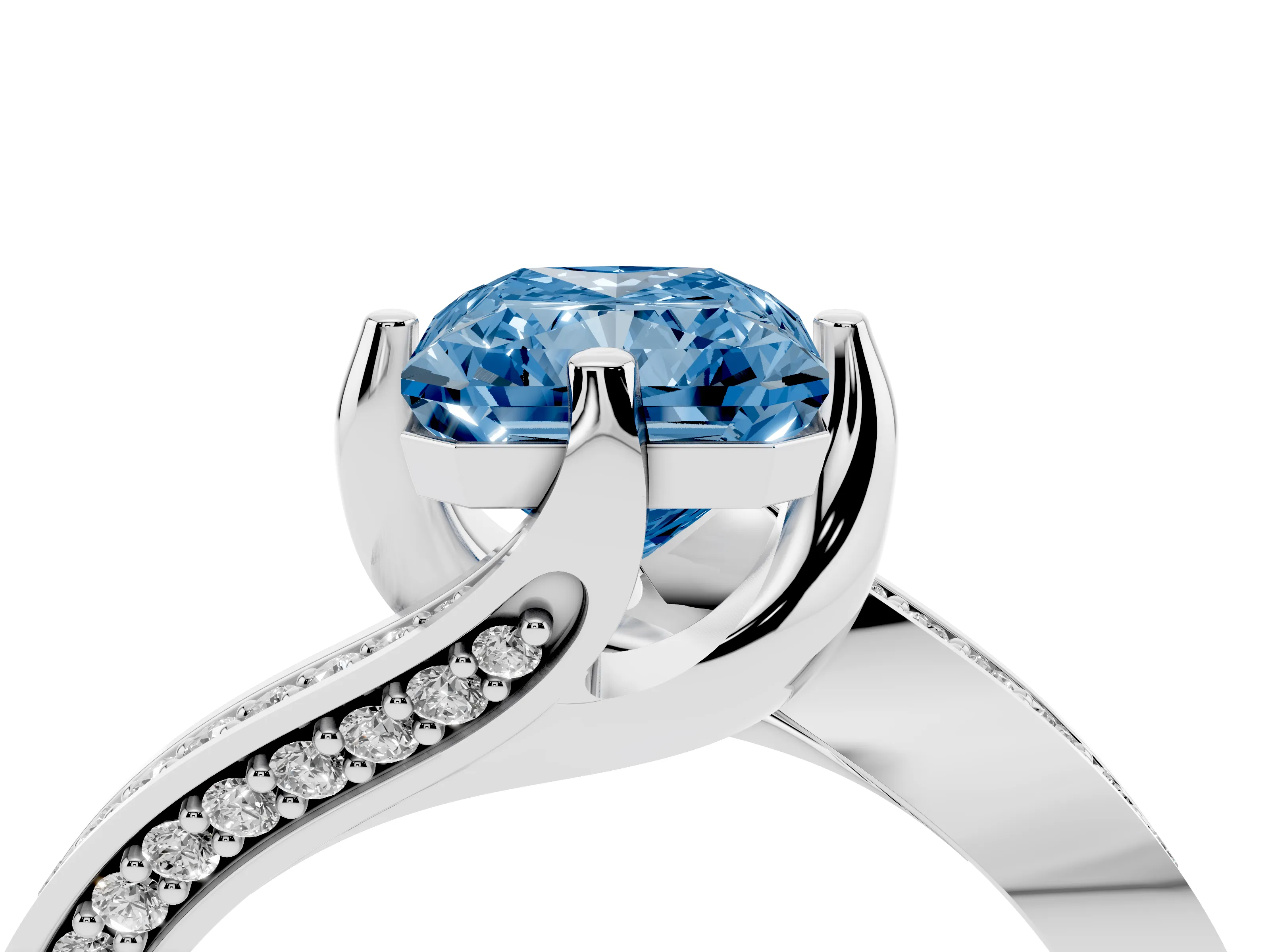 Fancy Blue Radiant Cut Diamond Solitaire Ring Set in Platinum with Intertwined Pavé Twist Band