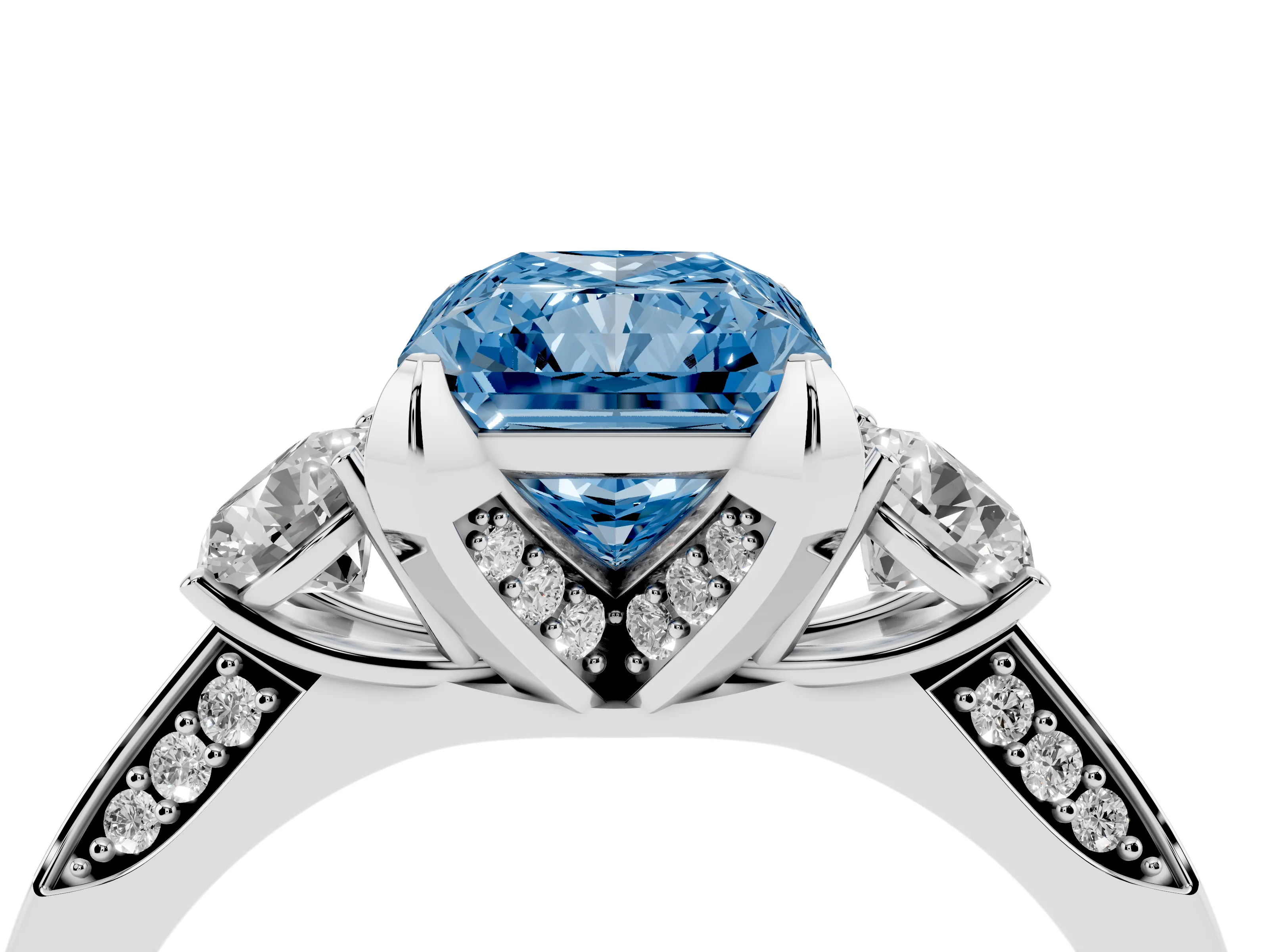 Fancy Blue Radiant Cut Diamond Three-Stone Ring Set in White gold with Pavé Band and Smaller Side Stones
