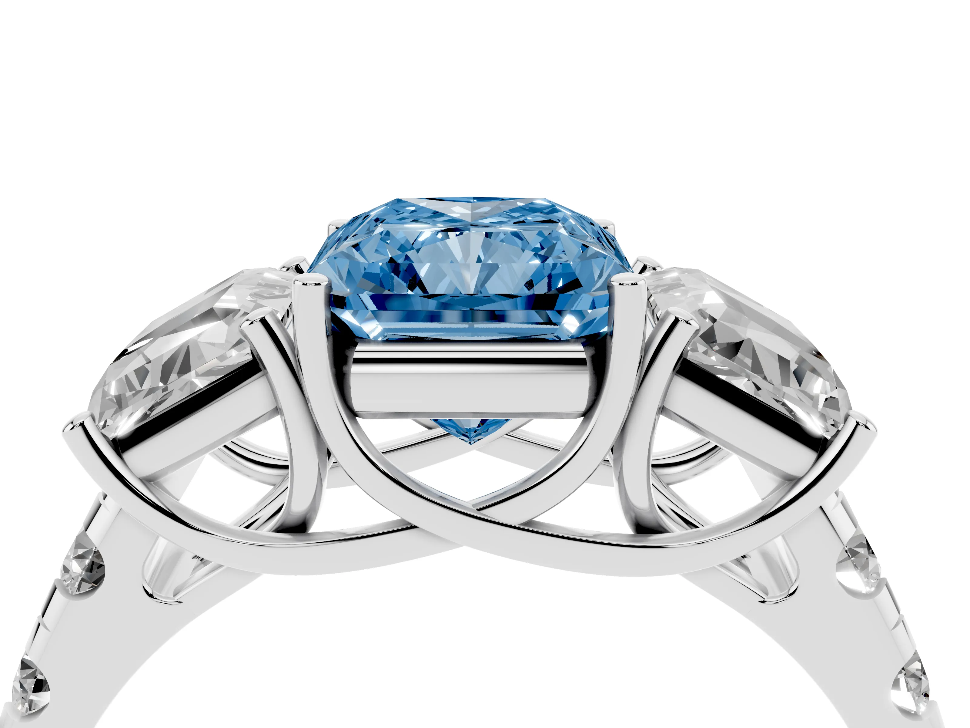 Fancy Blue Radiant Cut Diamond Three-Stone Ring Set in Platinum with Pavé Band