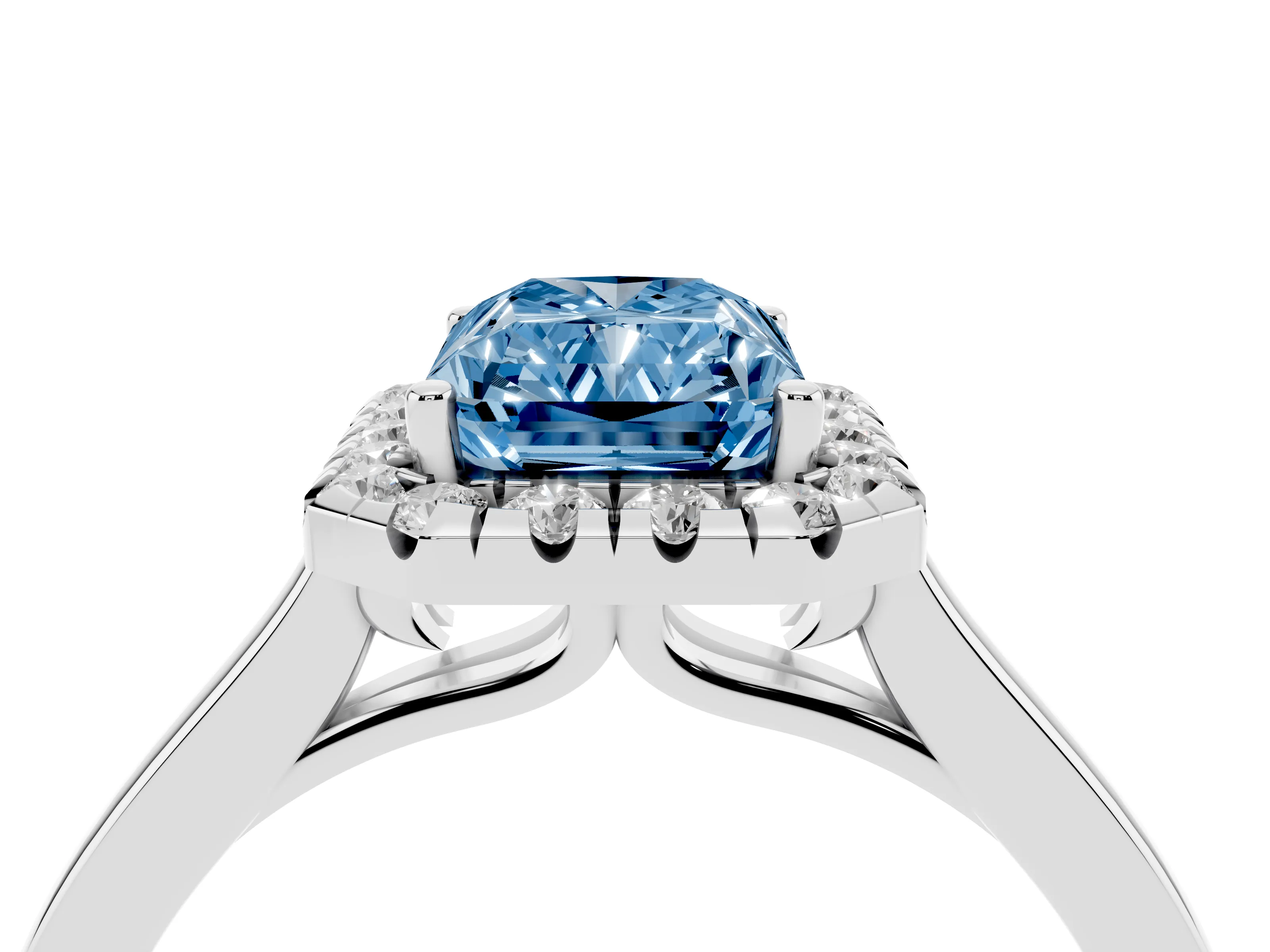 Fancy Blue Radiant Cut Halo Round Diamond Solitaire Ring Set in Silver with Pavé Band and Prong Setting