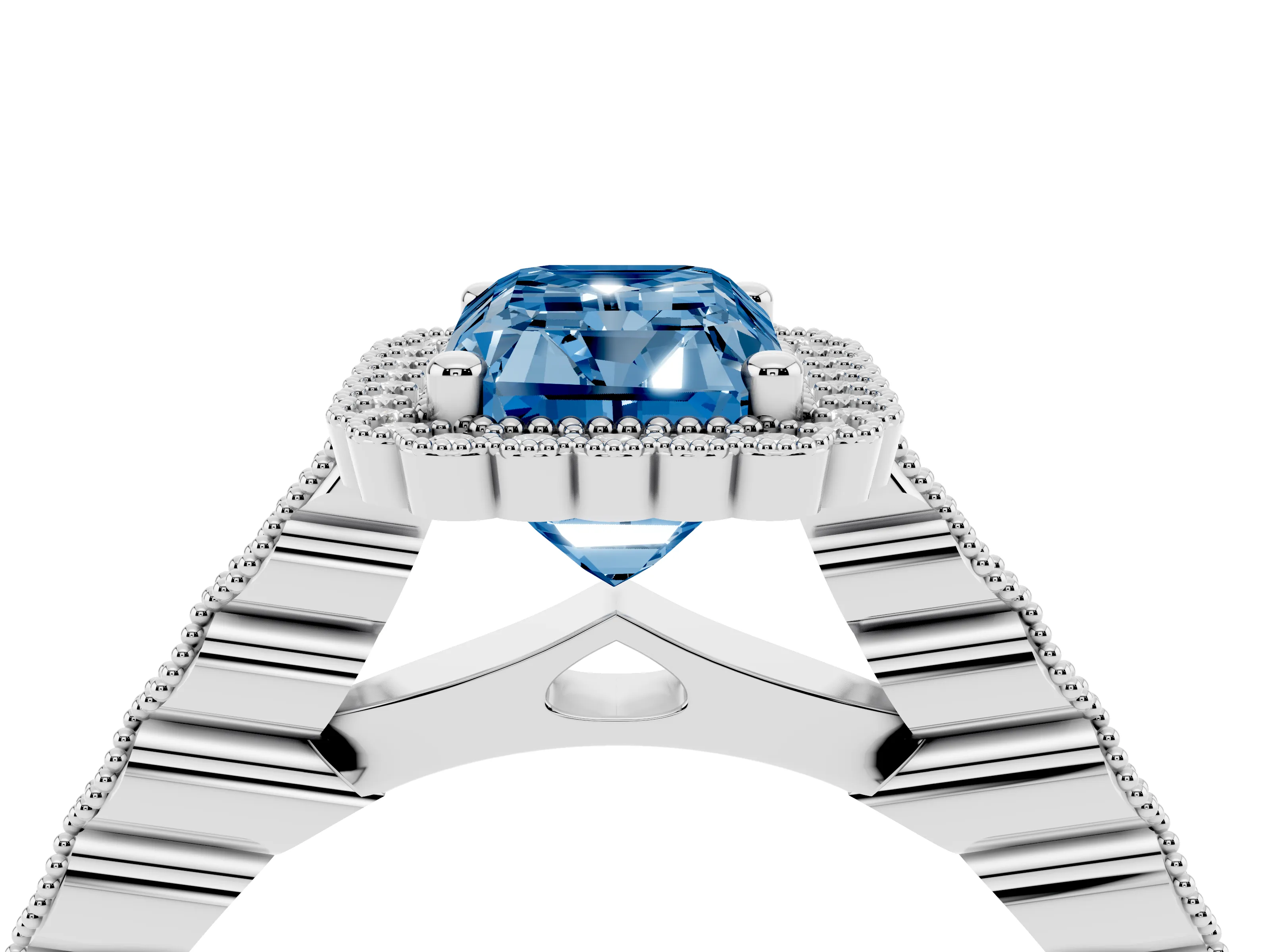 Fancy Blue Radiant Cut Diamond Halo Ring Set in Silver with Pavé Milgrain Band