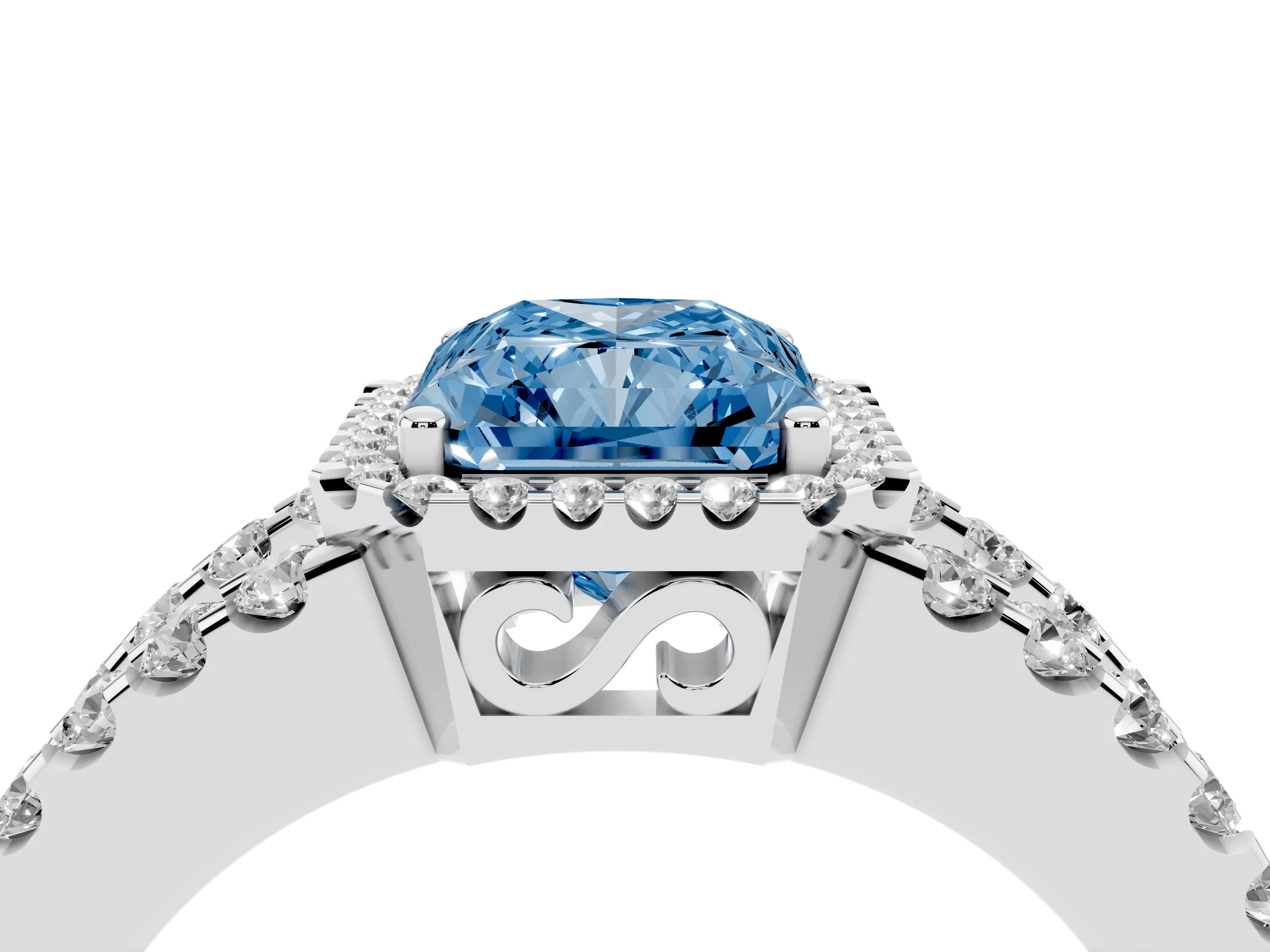 Fancy Blue Radiant Cut Diamond Halo Ring Set in Silver with Pavé Split Shank and Prong Setting