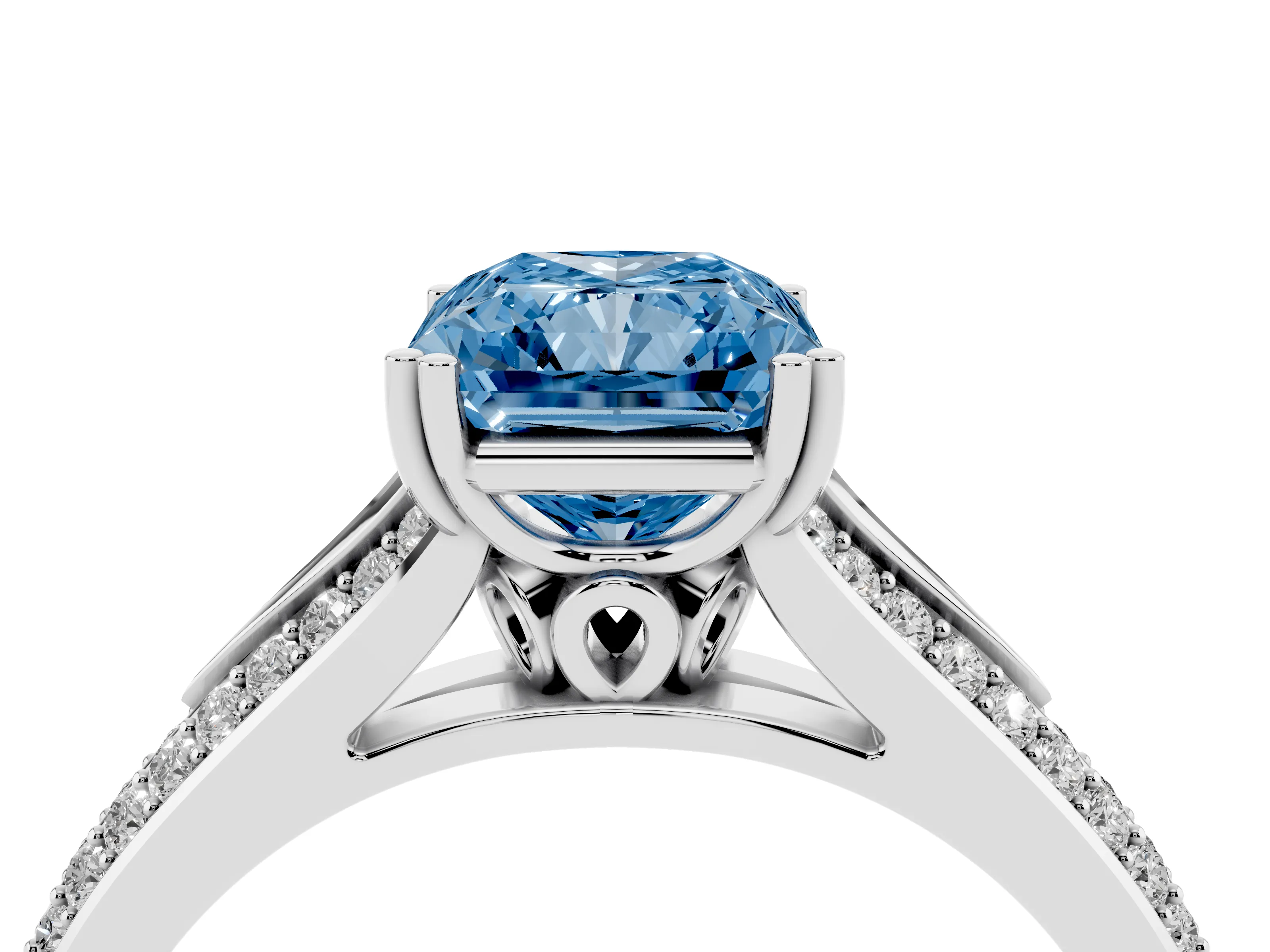 Fancy Blue Radiant Cut Diamond Split Shank Pavé Engagement Ring Set in Platinum with Prong-Set Center Stone