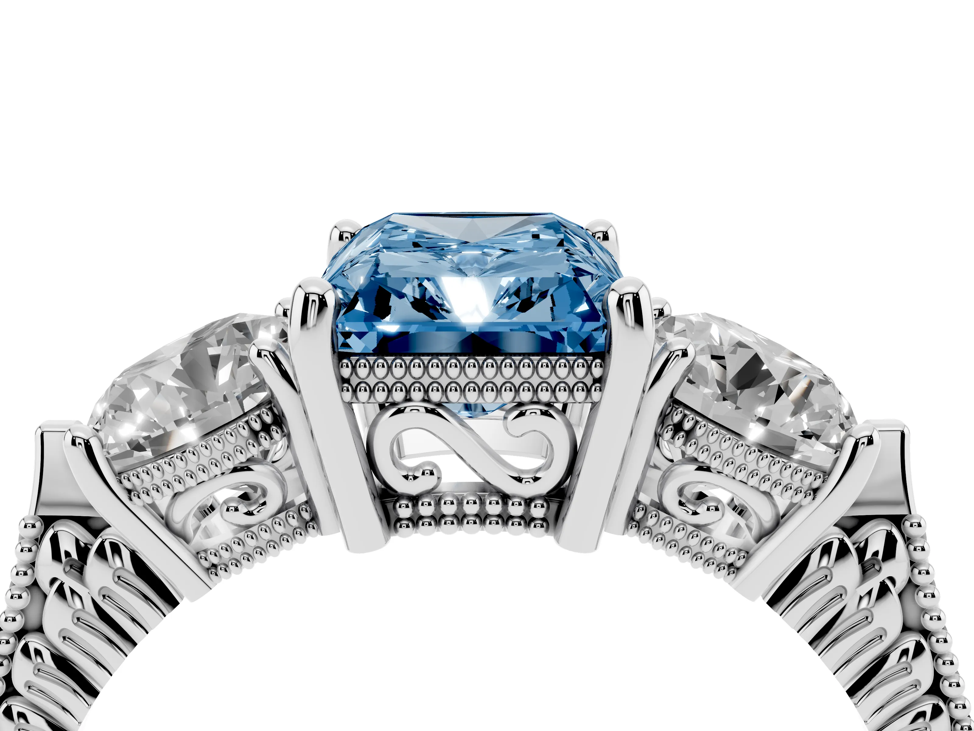 Fancy Blue Radiant Cut Diamond Three-Stone Ring Set in White gold with Milgrain Band