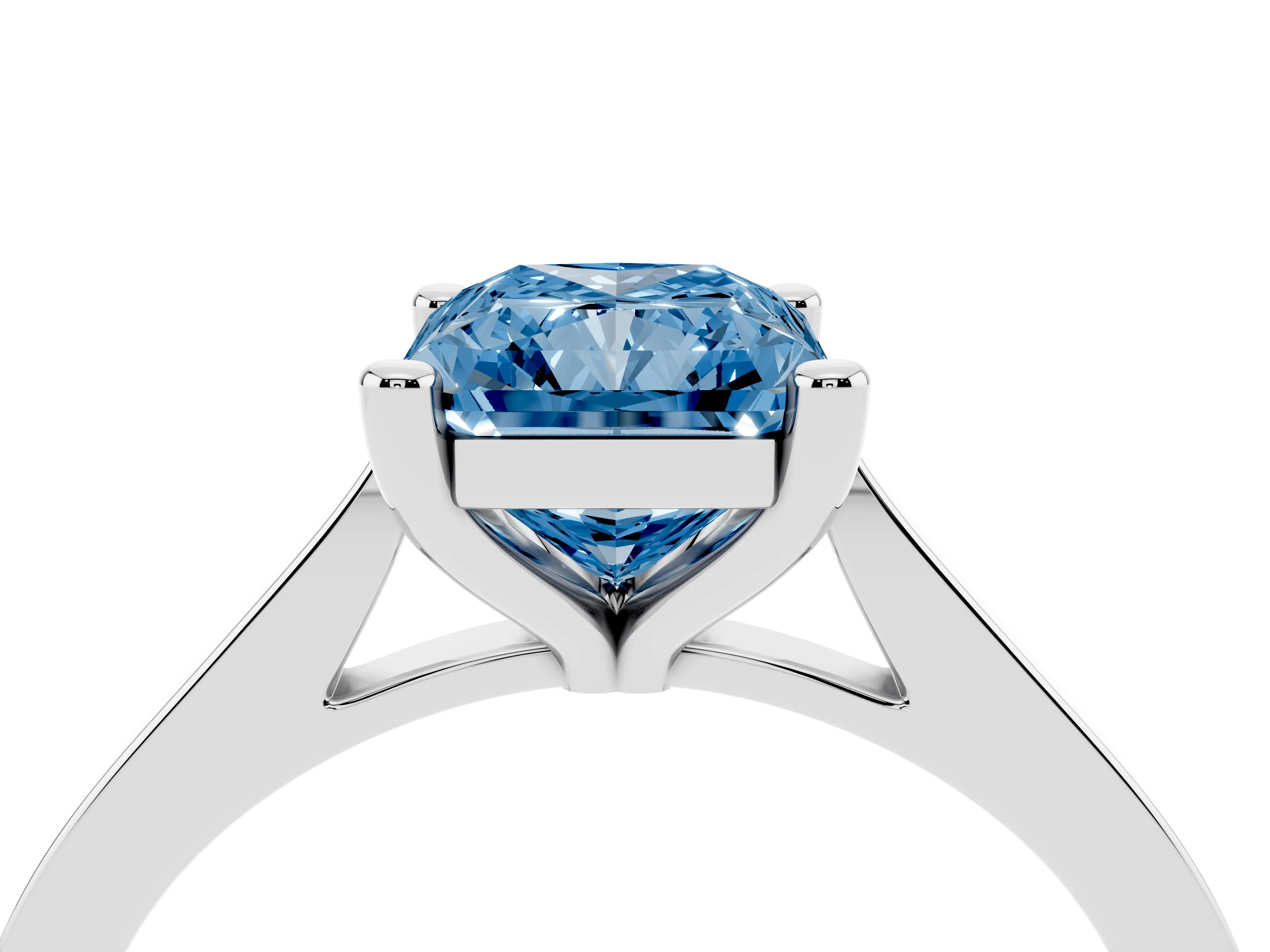 Fancy Blue Radiant Cut Diamond Solitaire Ring Set in White gold with Prong Setting and Tapered Band