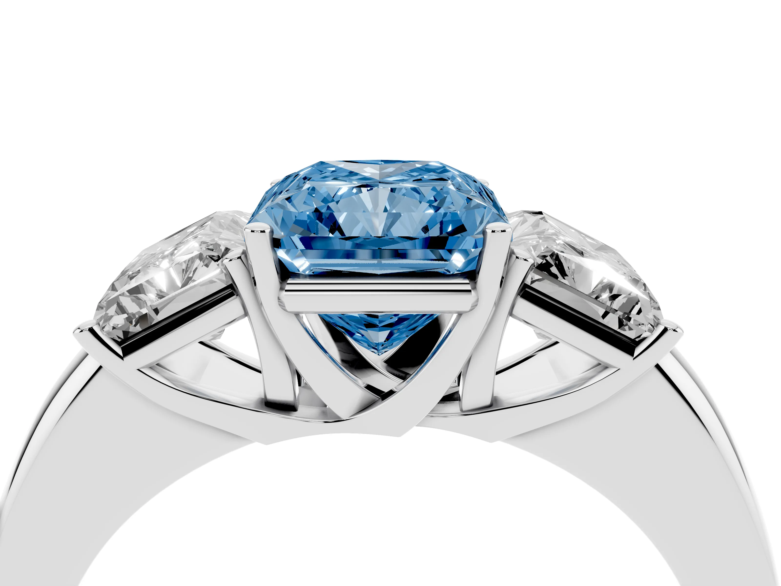 Fancy Blue Radiant Cut Diamond Three-Stone Ring Set in Platinum with Bold Center and Classic Band