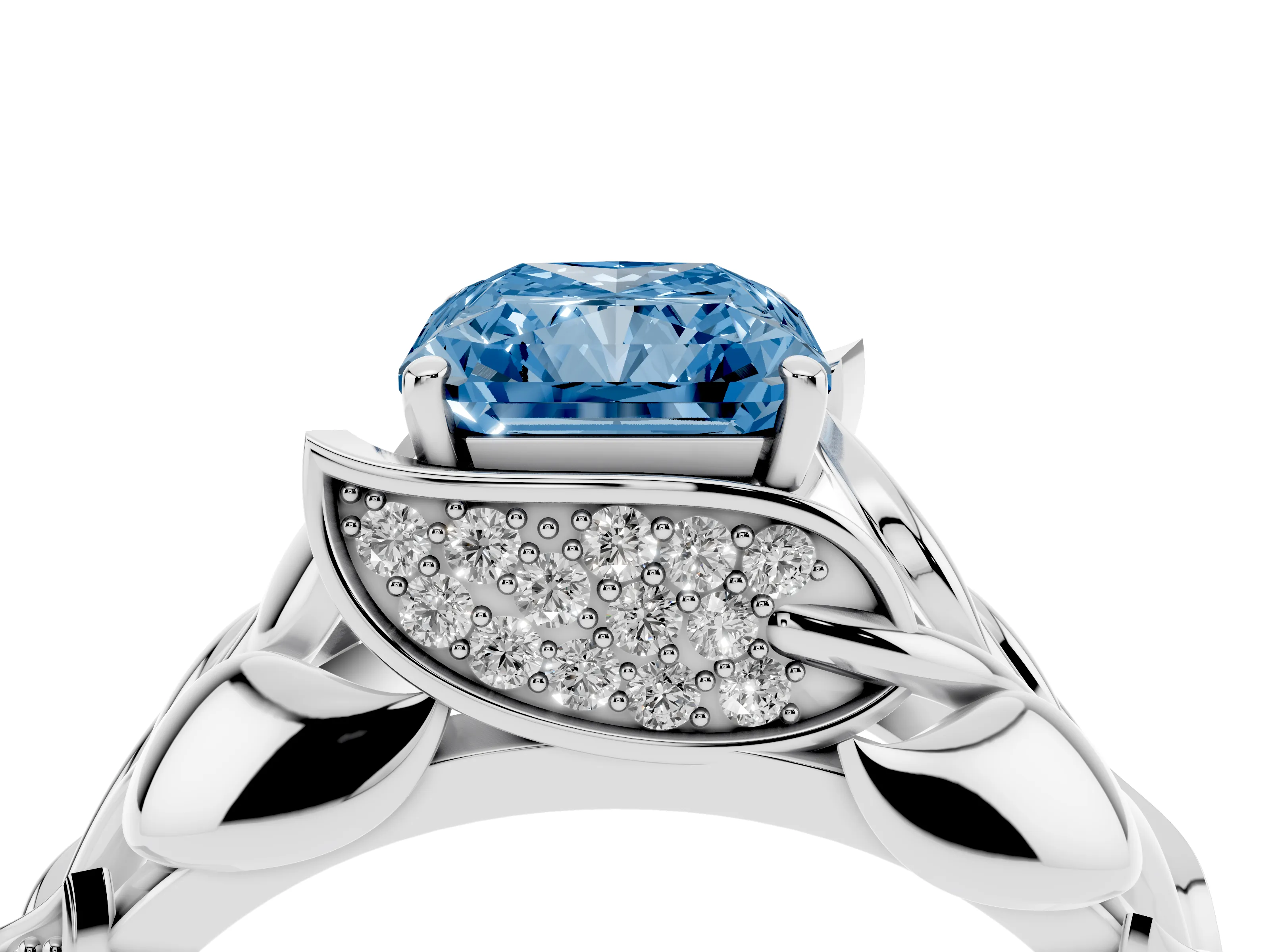 Fancy Blue Radiant Cut Diamond Leaf-Inspired Engagement Ring Set in Silver with Round Accents