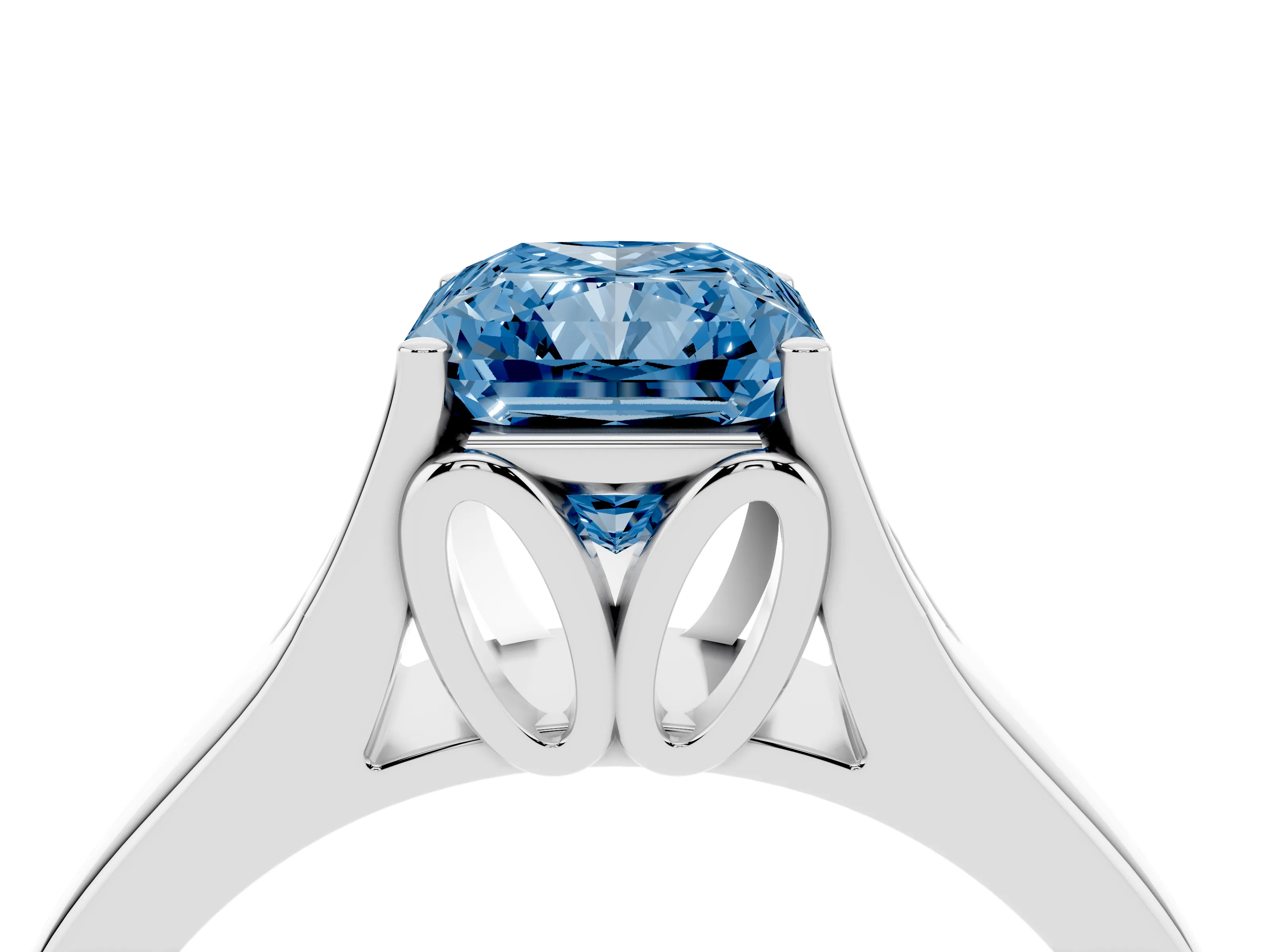 Fancy Blue Radiant Cut Diamond Solitaire Ring Set in Platinum with Arched Cathedral Band and Prong Setting