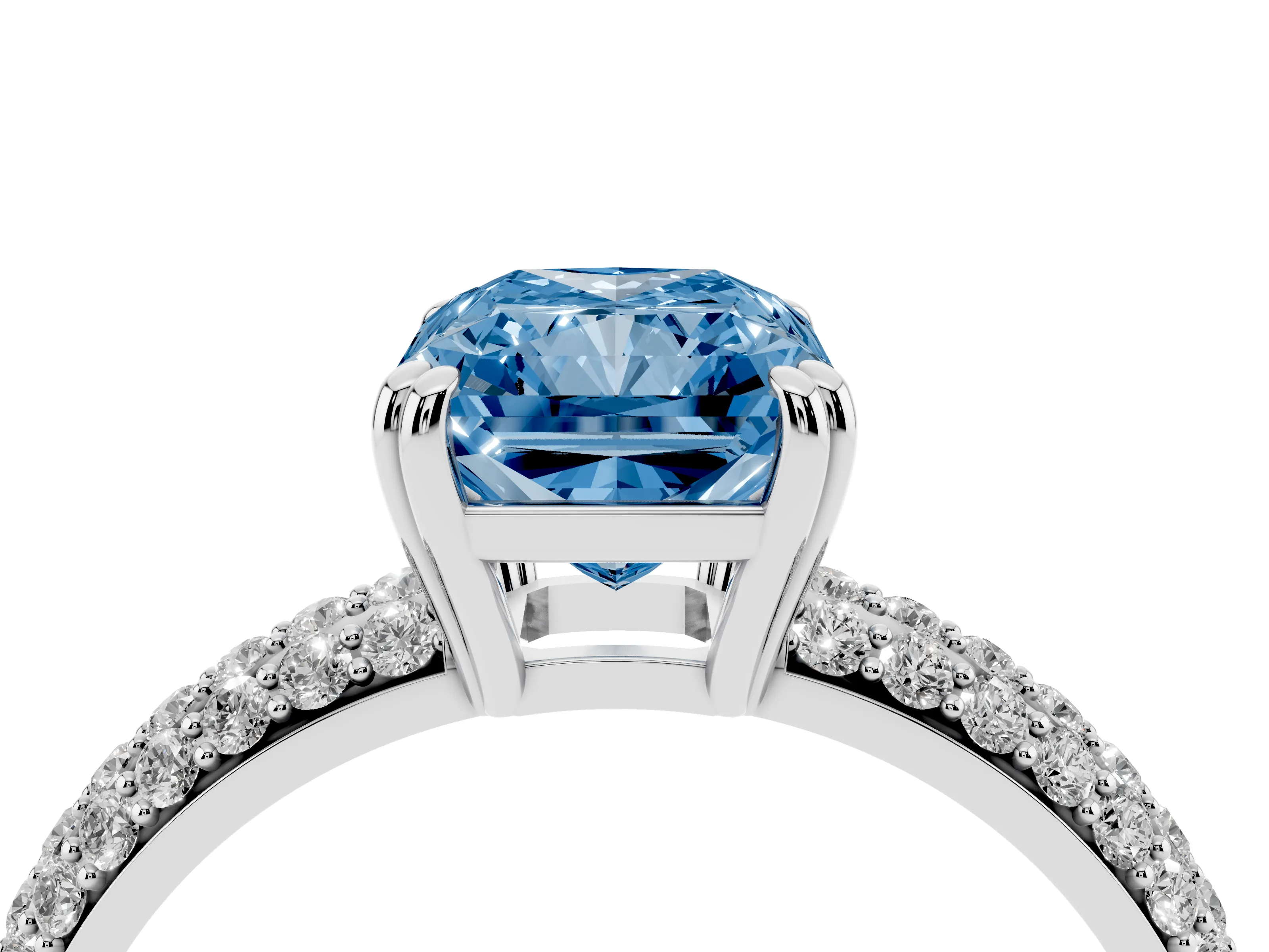 Fancy Blue Radiant Cut Diamond Solitaire Ring Set in Platinum with Multi-Row Round Pavé Band and Prong Setting