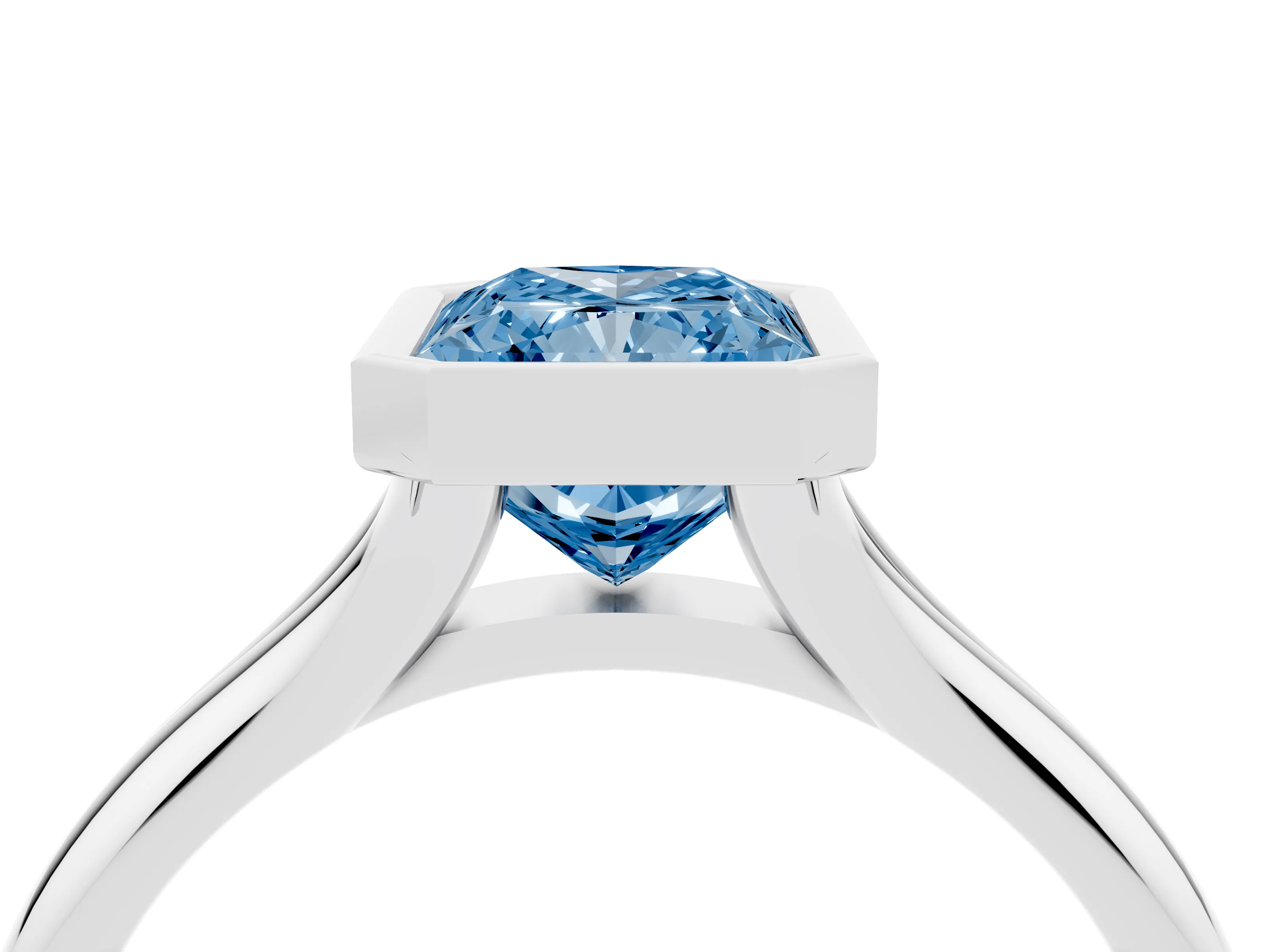 Fancy Blue Bezel Set Radiant Cut Diamond Solitaire Ring Set in Silver with Smooth Band