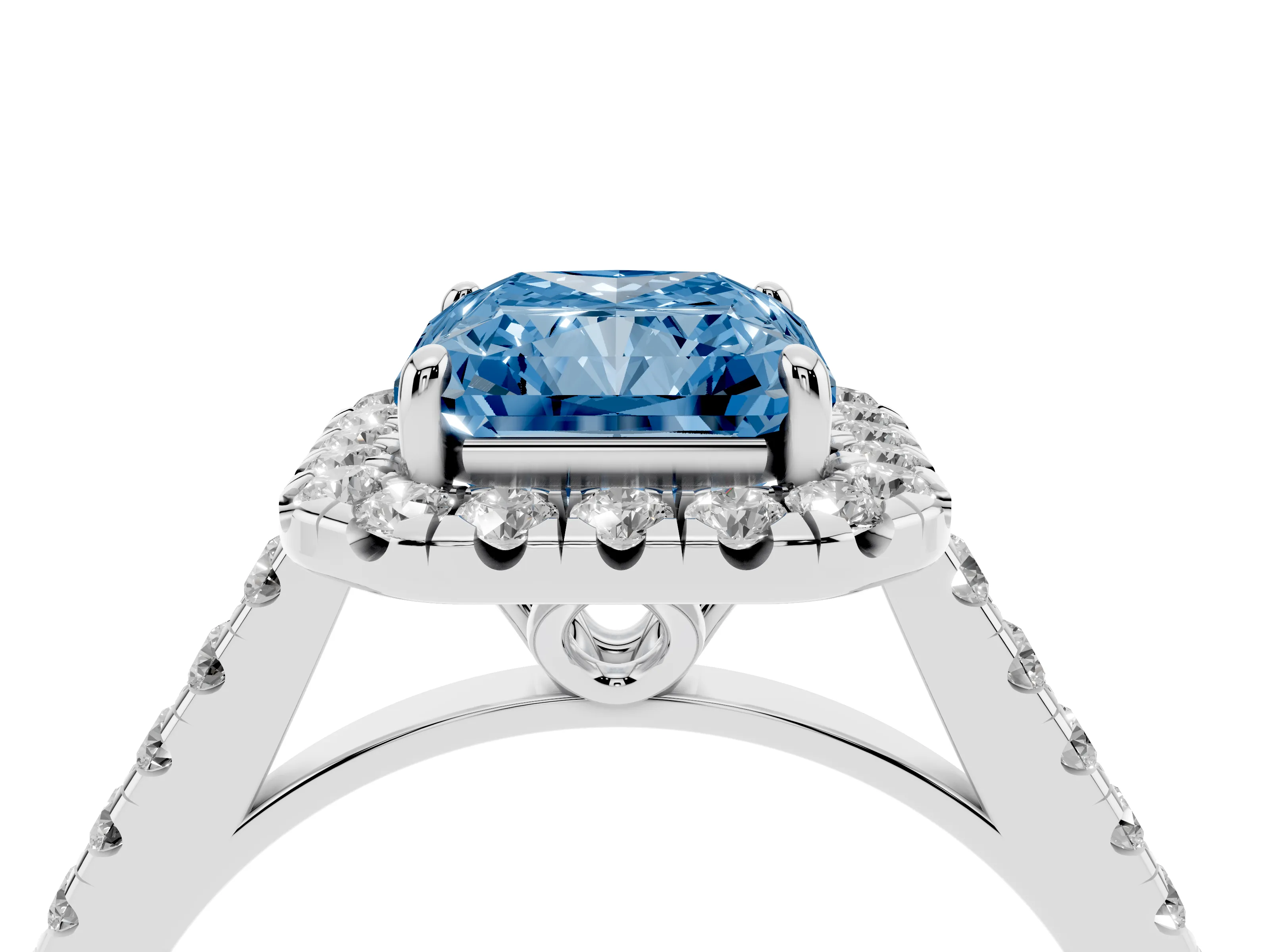 Fancy Blue Radiant Cut Diamond Pavé Halo Engagement Ring Set in White gold with Pavé Band and Prong Setting