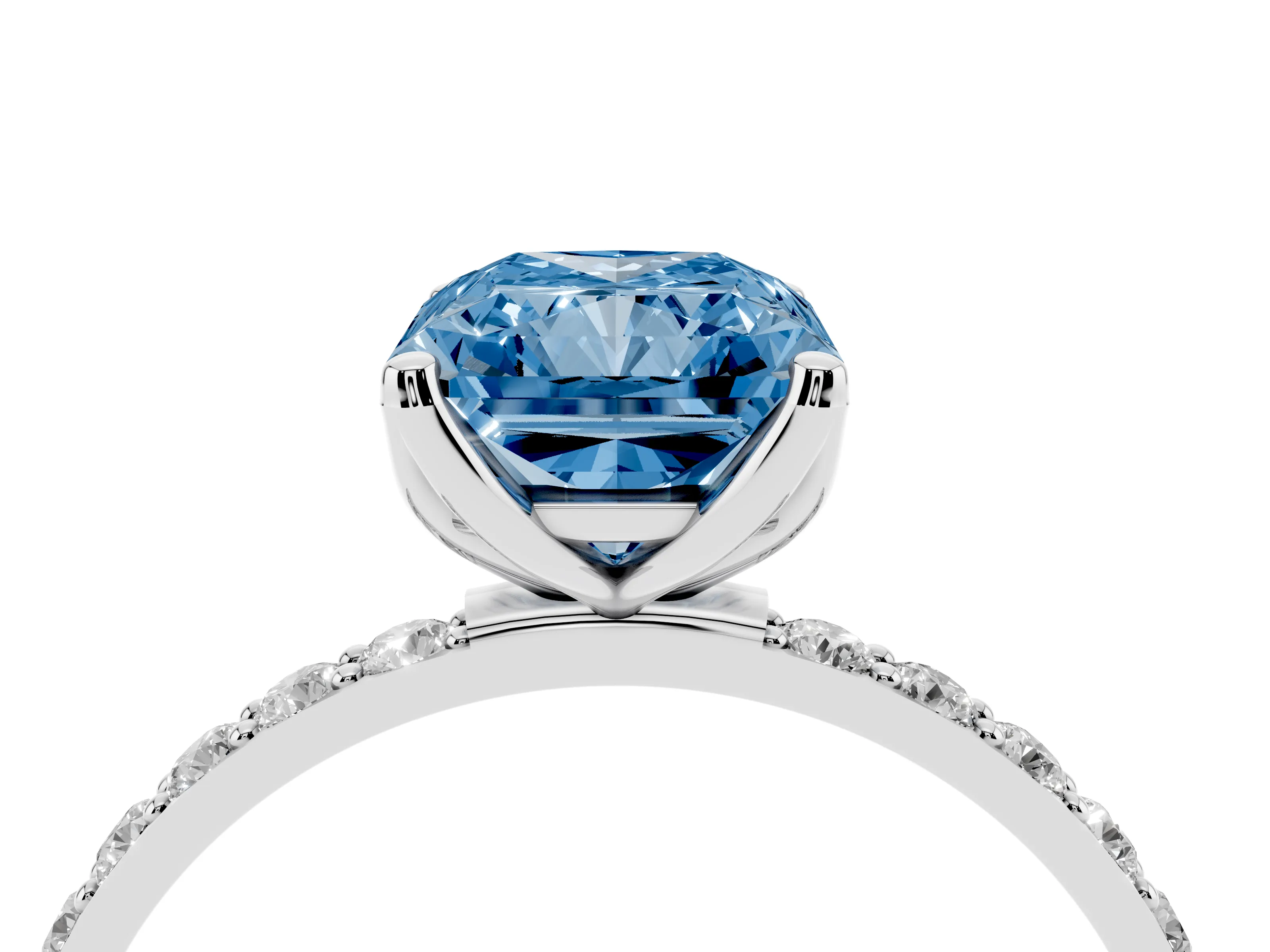 Fancy Blue Radiant Cut Diamond Solitaire Engagement Ring Set in White gold with Round Pavé Band and Prong Setting