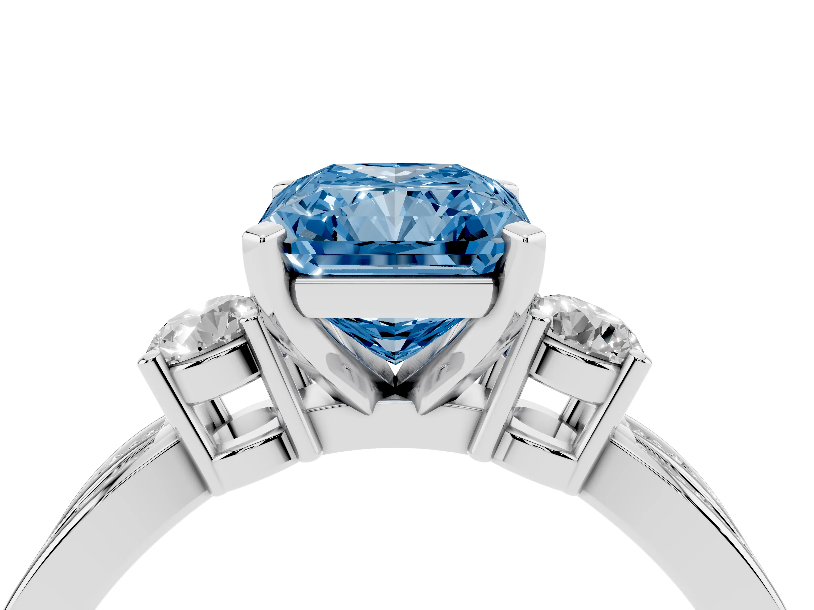 Fancy Blue Three-Stone Radiant Cut Diamond Twist Band Ring Set in Platinum with Pavé Accents and Prong Setting