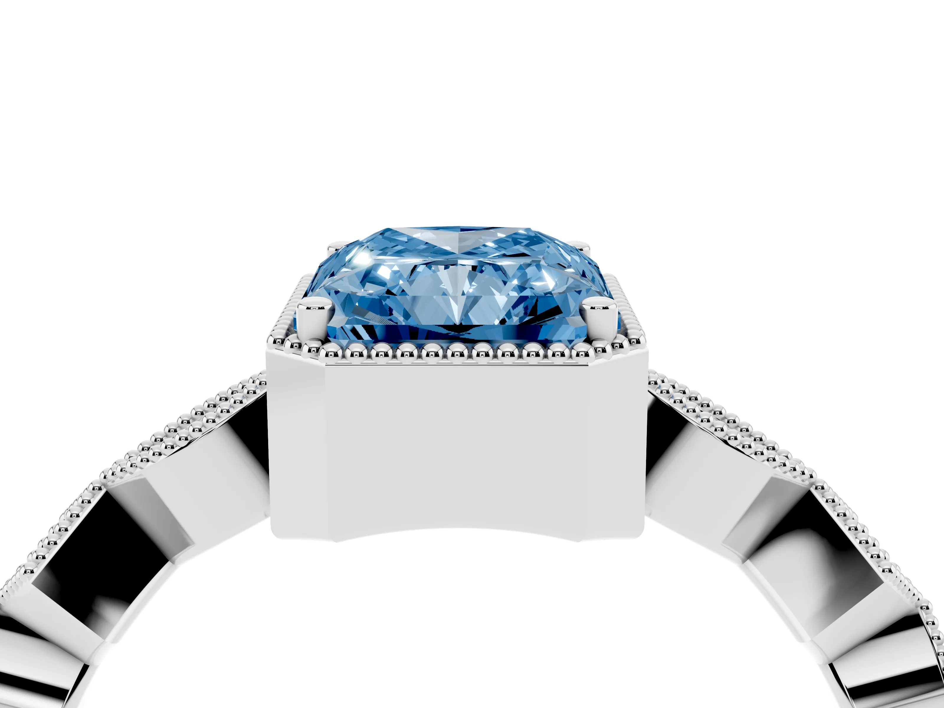 Fancy Blue Radiant Cut Diamond Milgrain Marquise Twist Band Ring Set in Platinum with Prong Setting