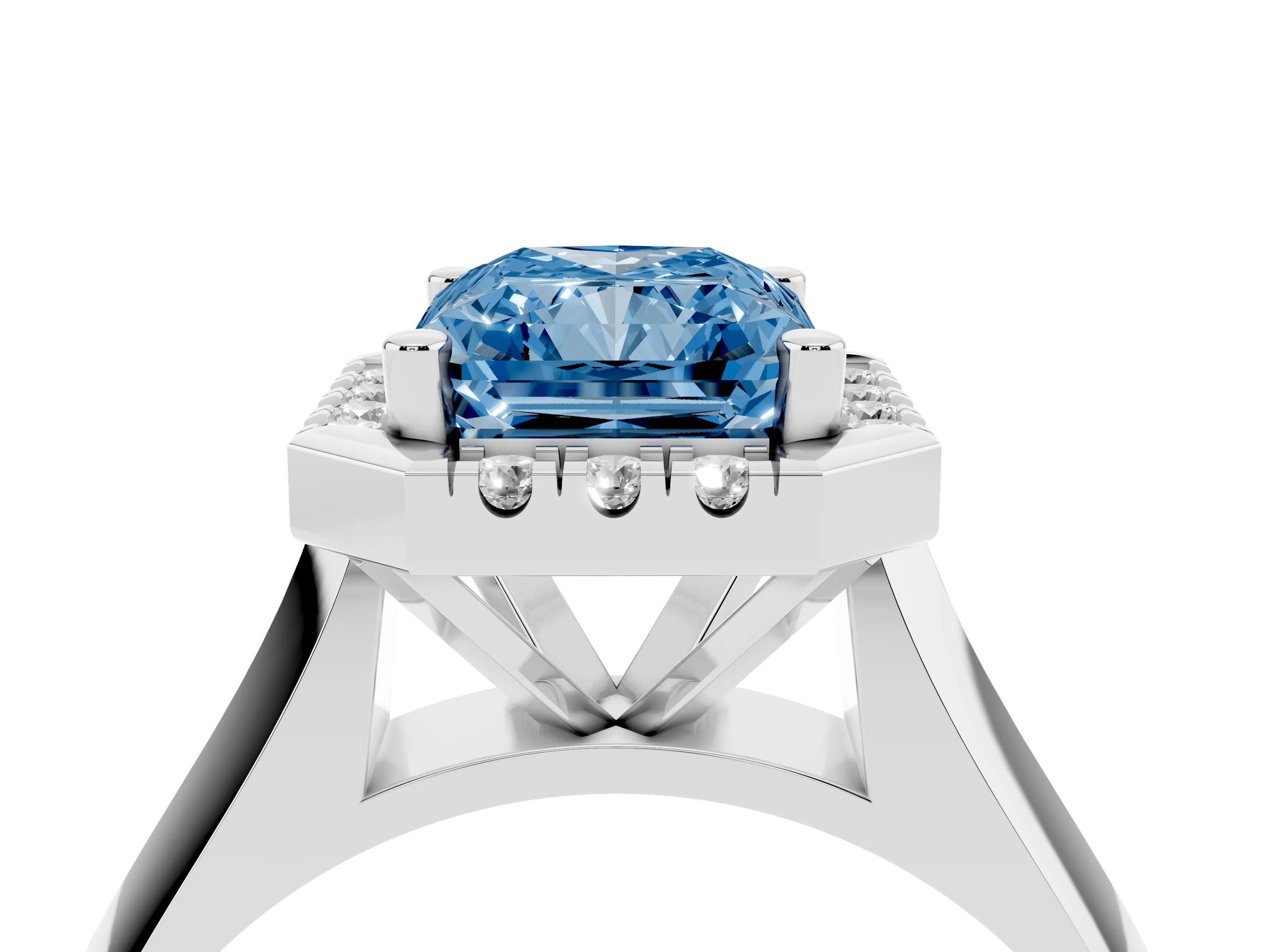 Fancy Blue Radiant Cut Diamond Halo Solitaire Engagement Ring Set in Platinum with Square Band and Prong Setting