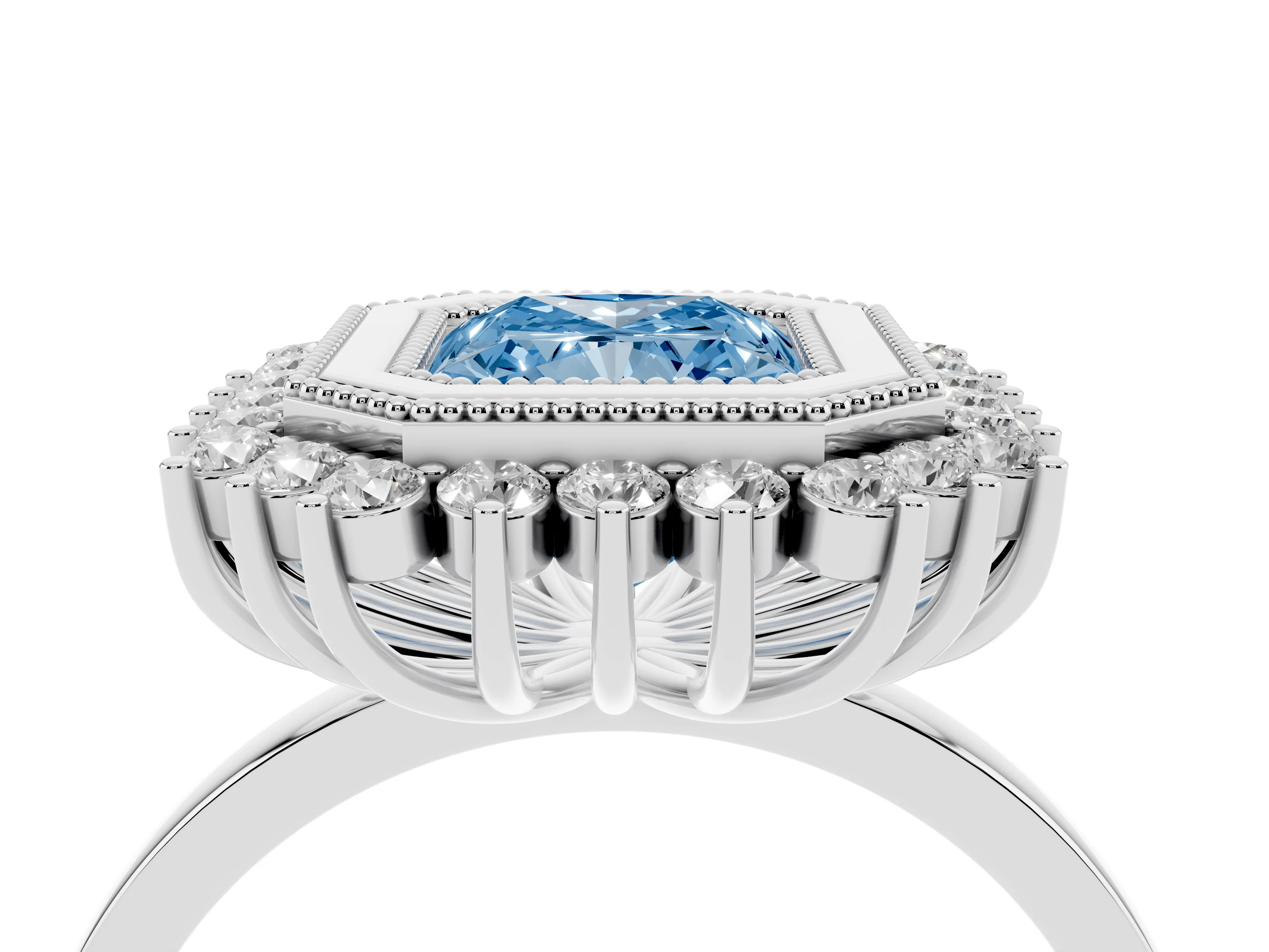 Fancy Blue Radiant Cut Diamond Halo Ring Set in Silver with Milgrain Edge and Round Prong Setting