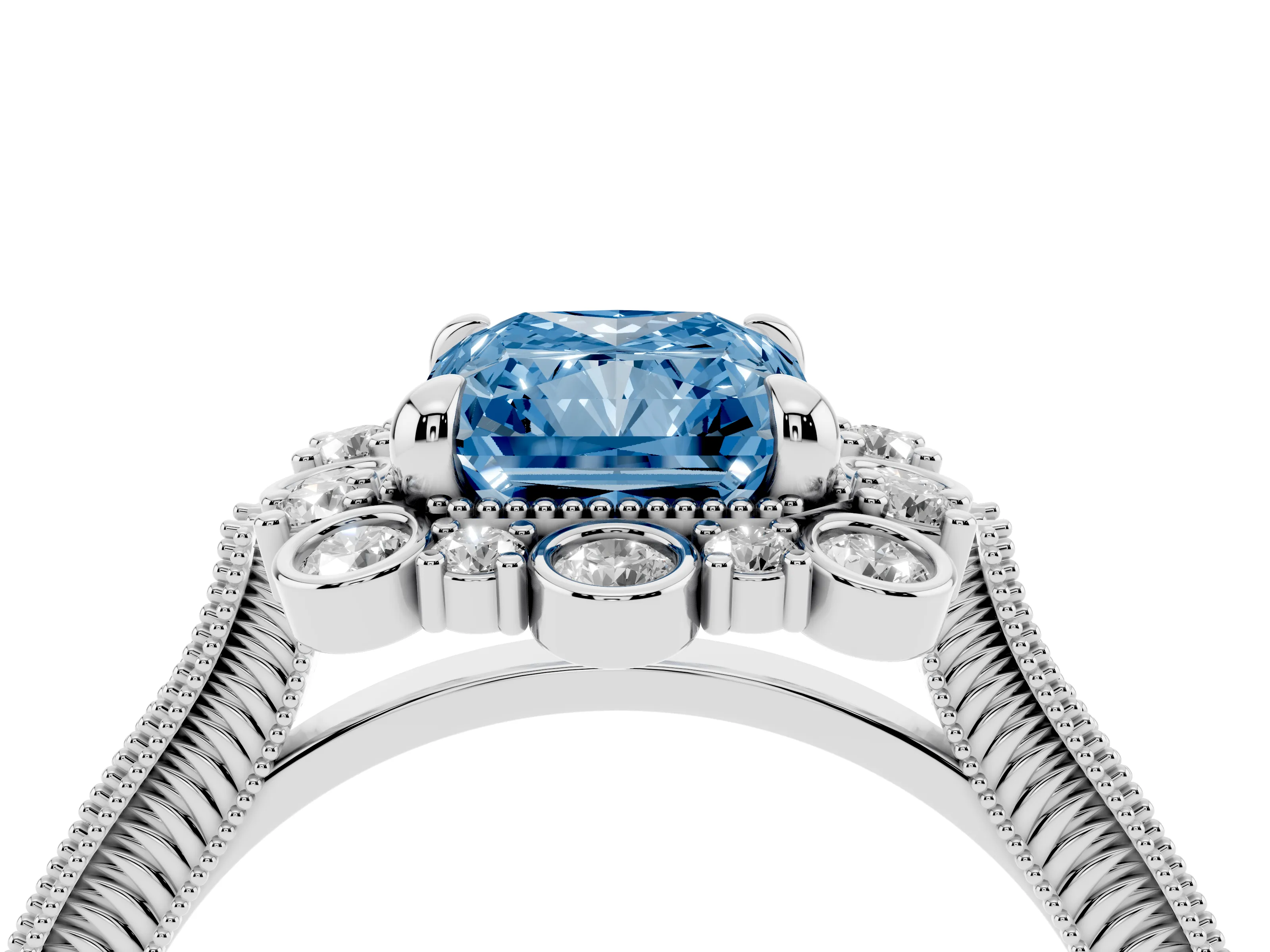 Fancy Blue Radiant Cut Diamond Halo Milgrain Pavé Ring Set in White gold with Prong Setting