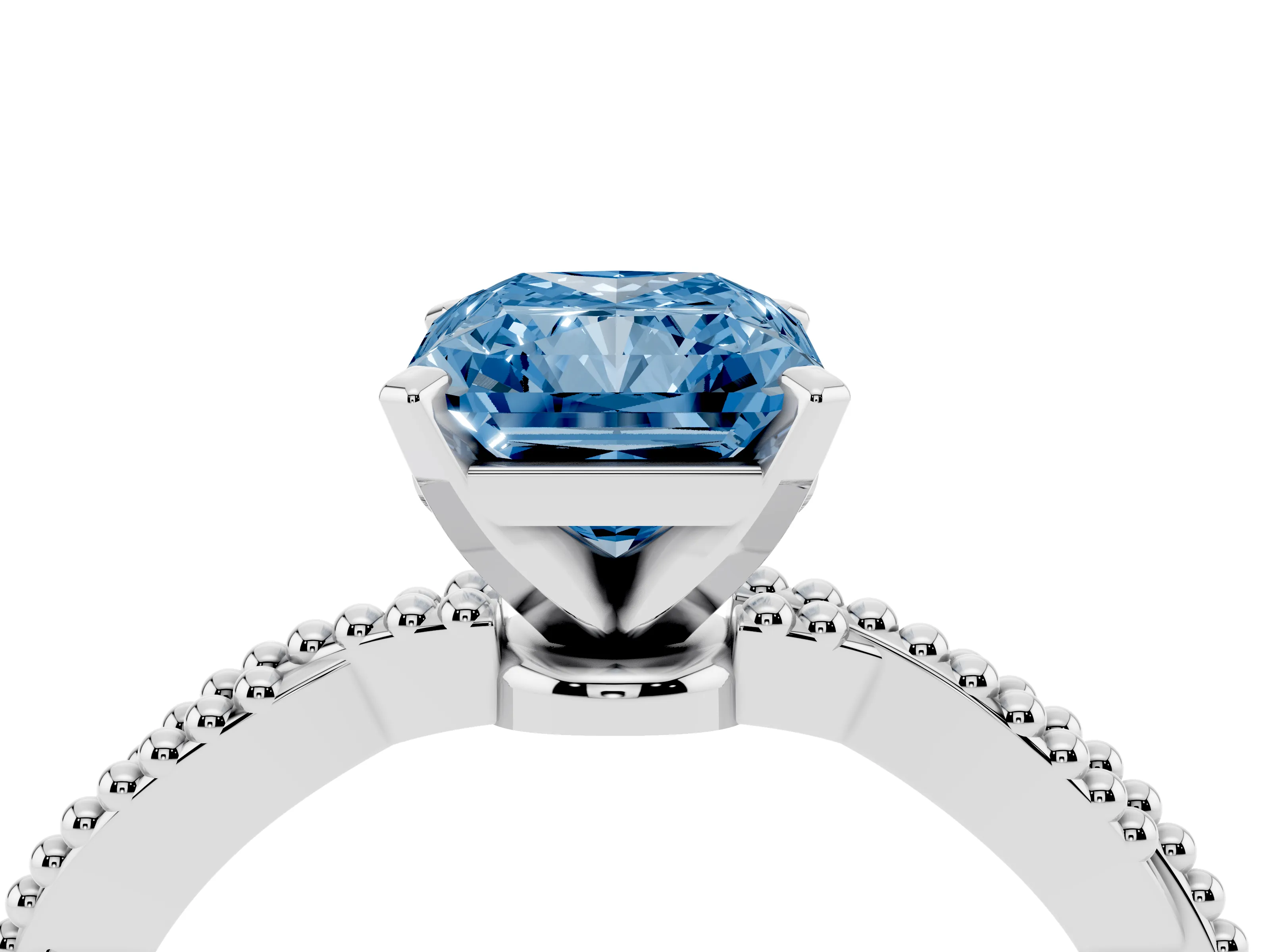 Fancy Blue Radiant Cut Diamond Solitaire Ring Set in Silver with Twisted Band and Bead Prong Setting