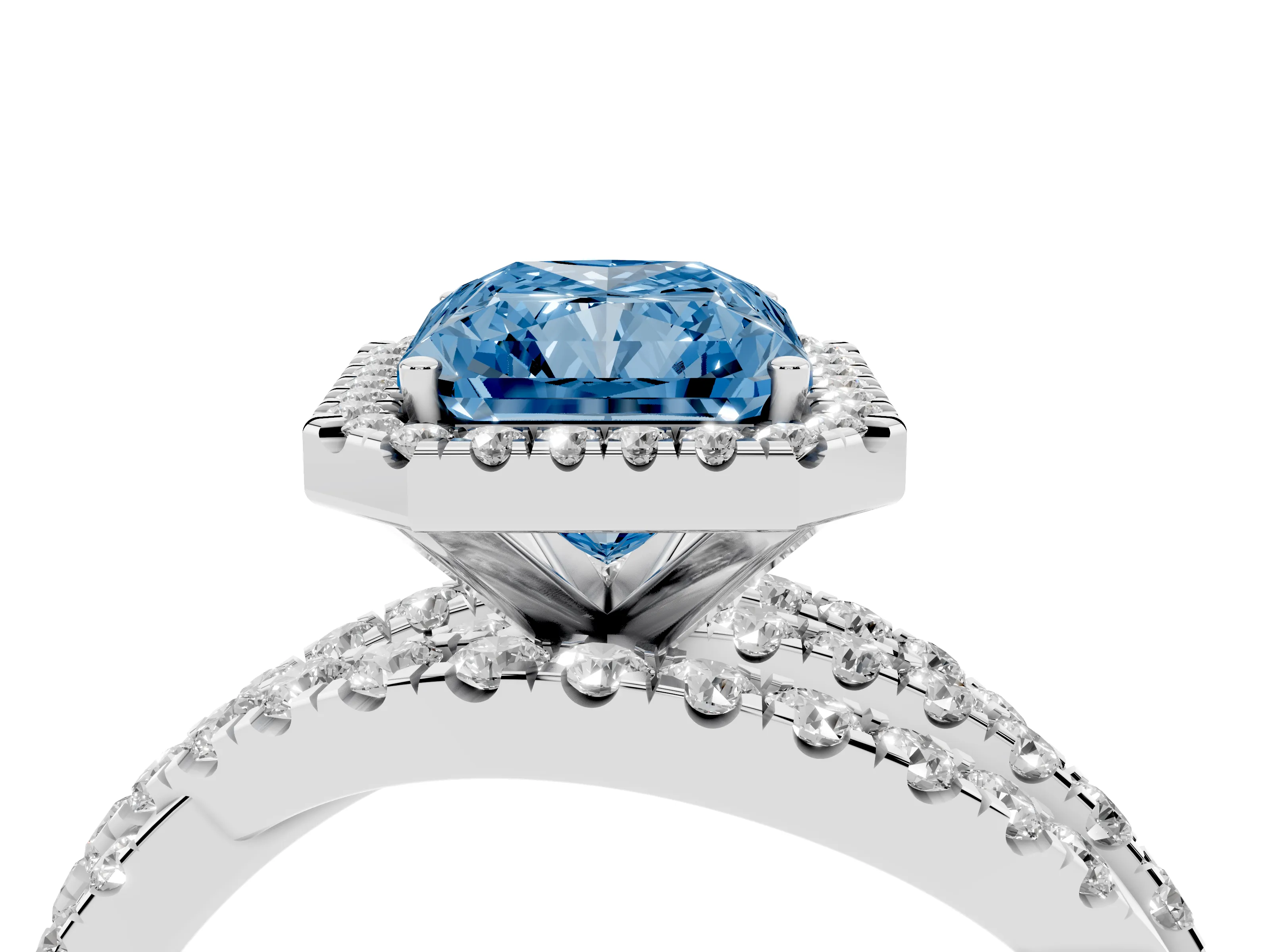 Fancy Blue Radiant Cut Diamond Halo Ring Set in Platinum with Round Crossover Split Shank and Prong Setting