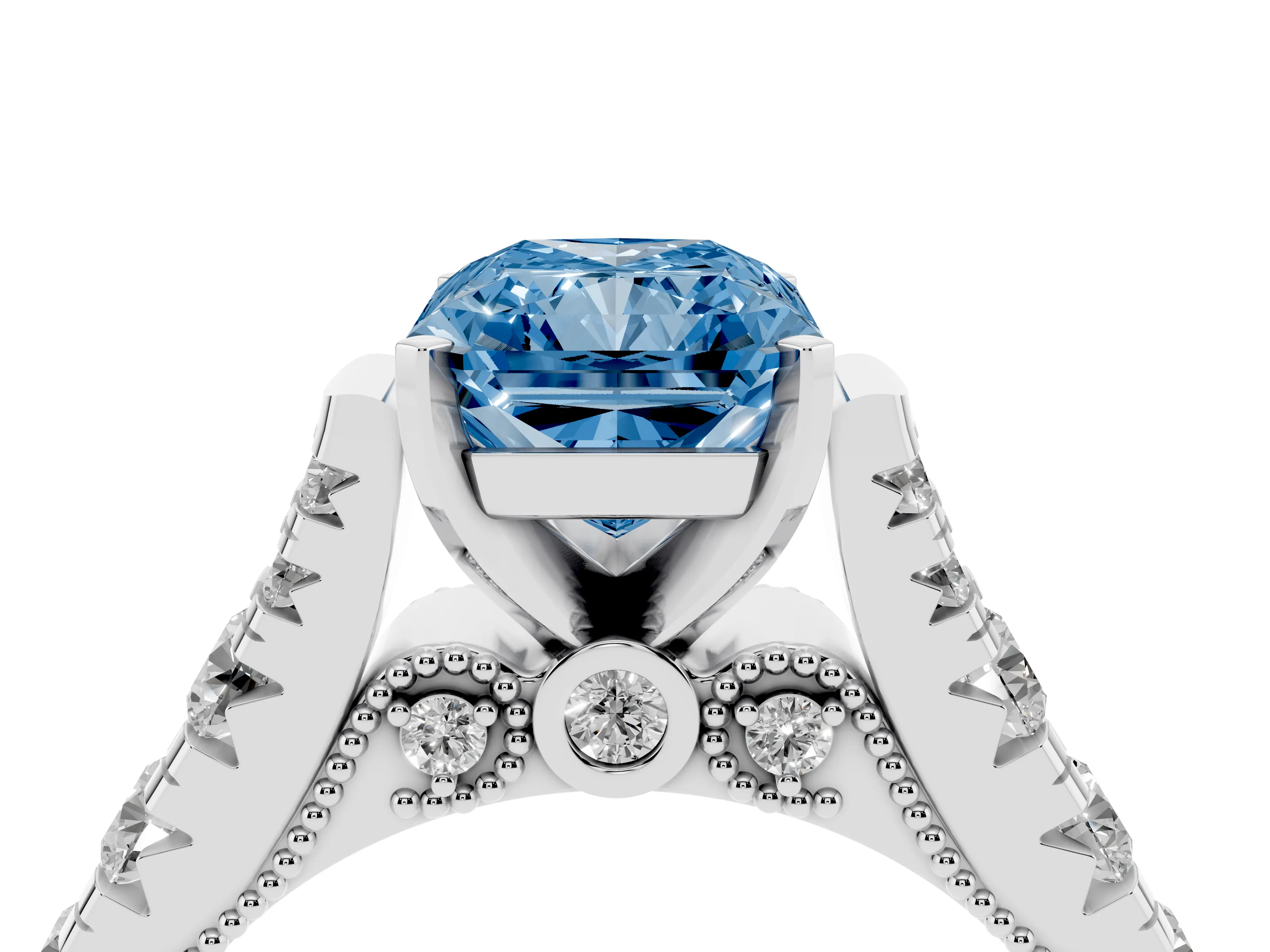 Fancy Blue Radiant Cut Diamond Classic Solitaire Ring Set in White gold with Pavé Band and Prong Setting