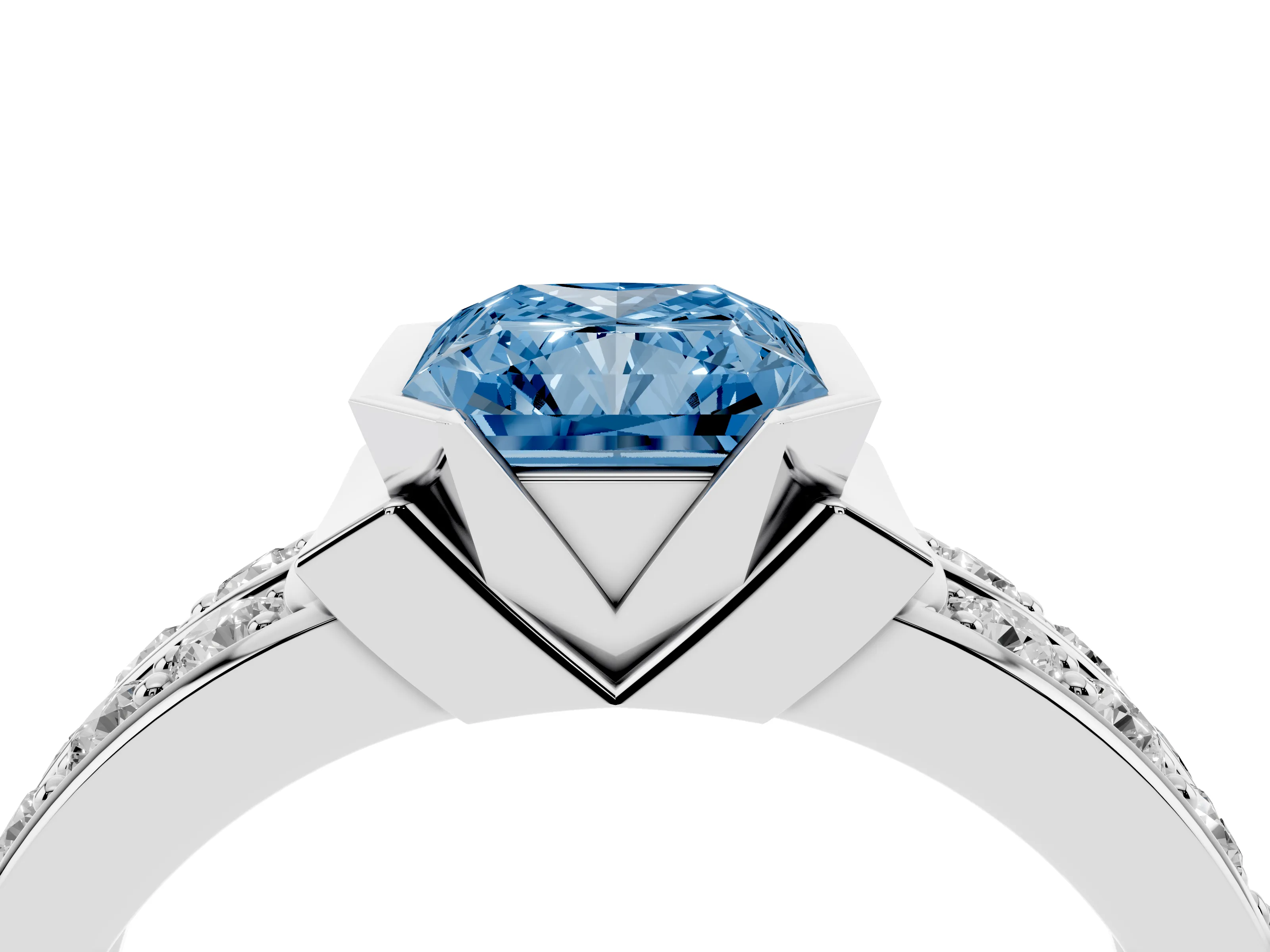 Fancy Blue Radiant Cut Diamond Wide Channel Set Band Ring Set in White gold with Bezel Setting
