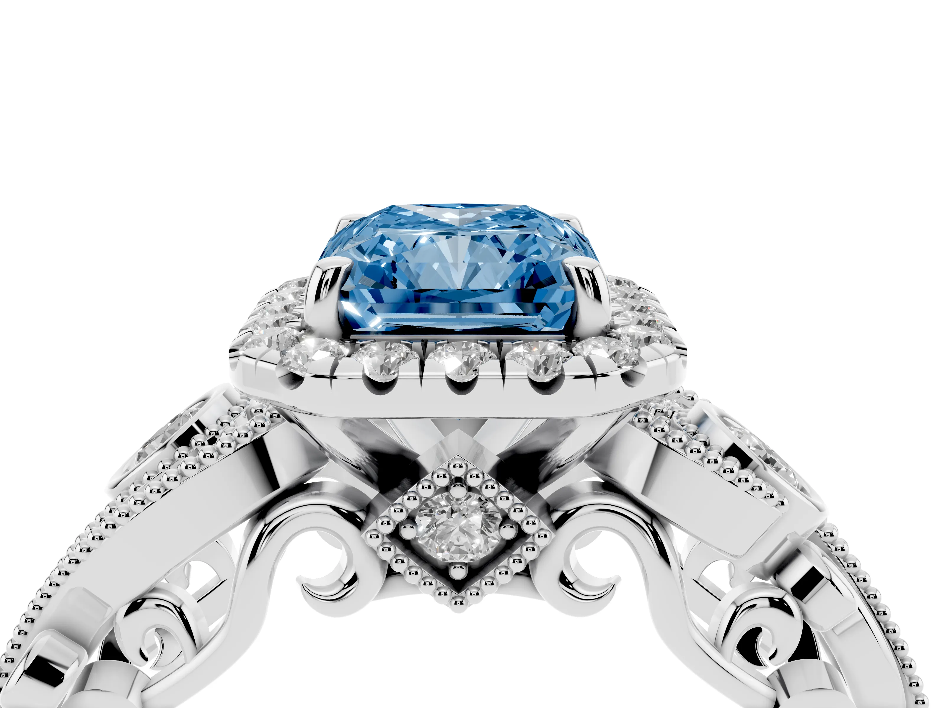 Fancy Blue Radiant Cut Diamond Halo Ring Set in Platinum with Milgrain Pavé Band and Prong Setting
