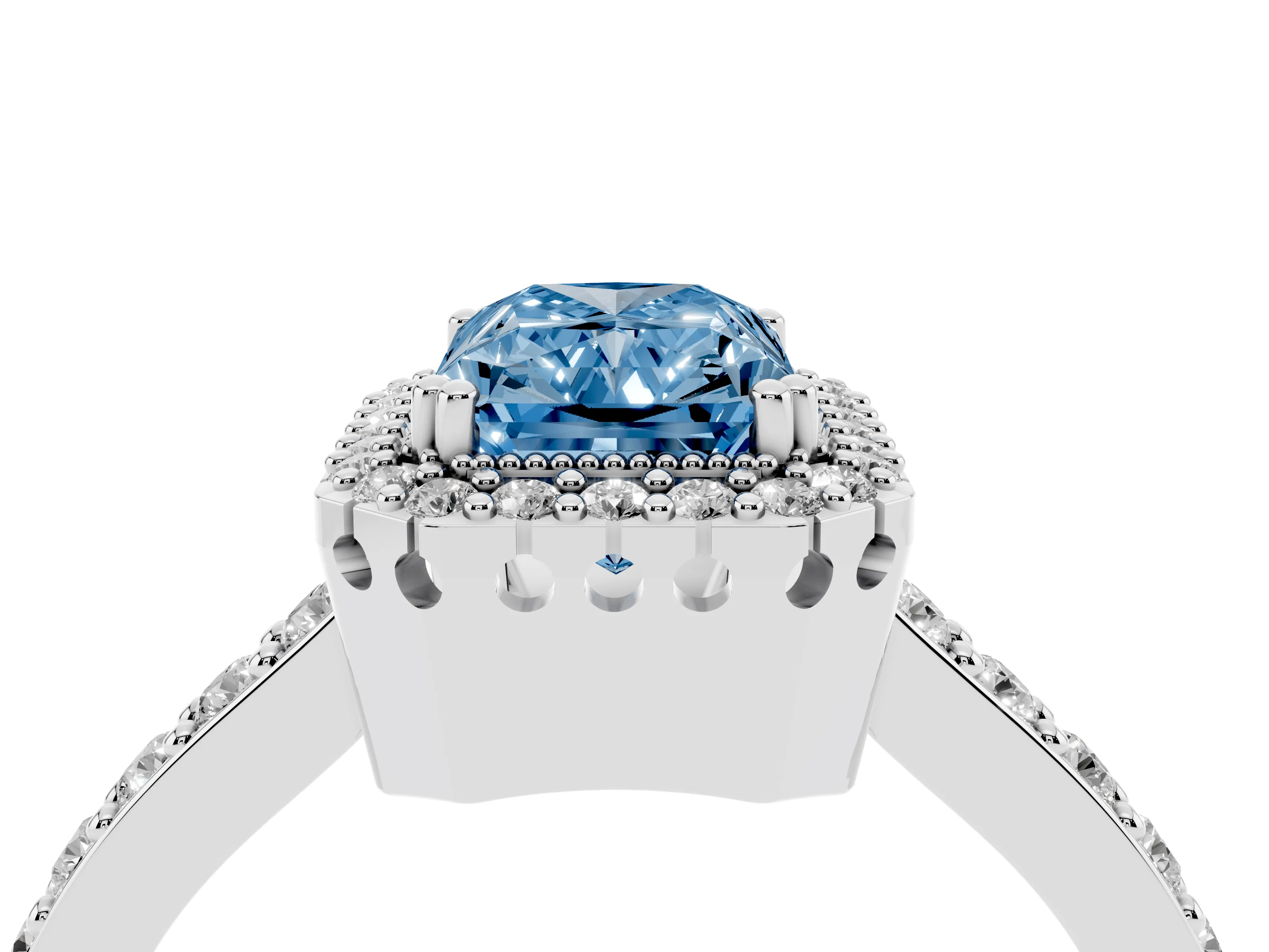 Fancy Blue Radiant Cut Diamond Halo Engagement Ring Set in White gold with Milgrain Detail and Pavé Band