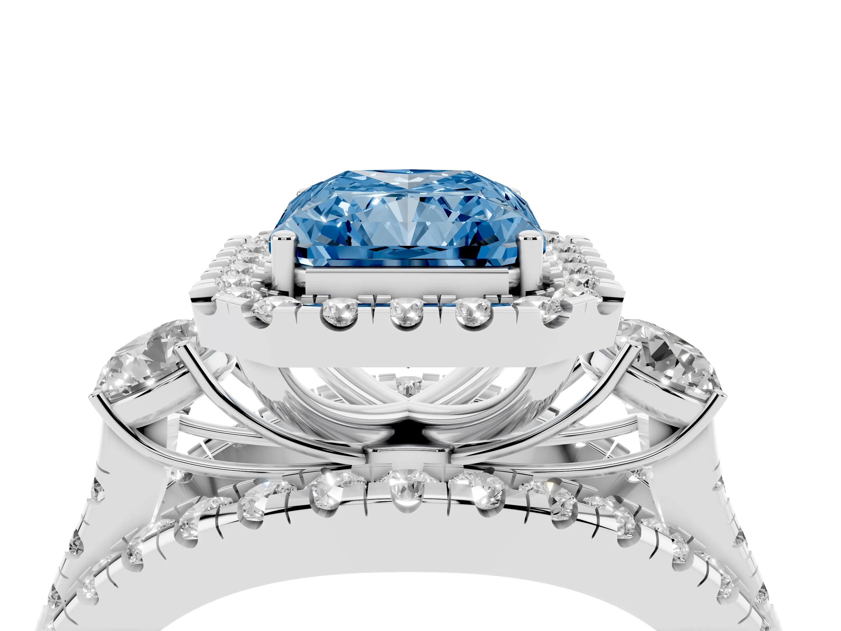 Fancy Blue Radiant Cut Diamond Halo Split Shank Ring Set in Platinum with Round Accent Stones and Prong Setting