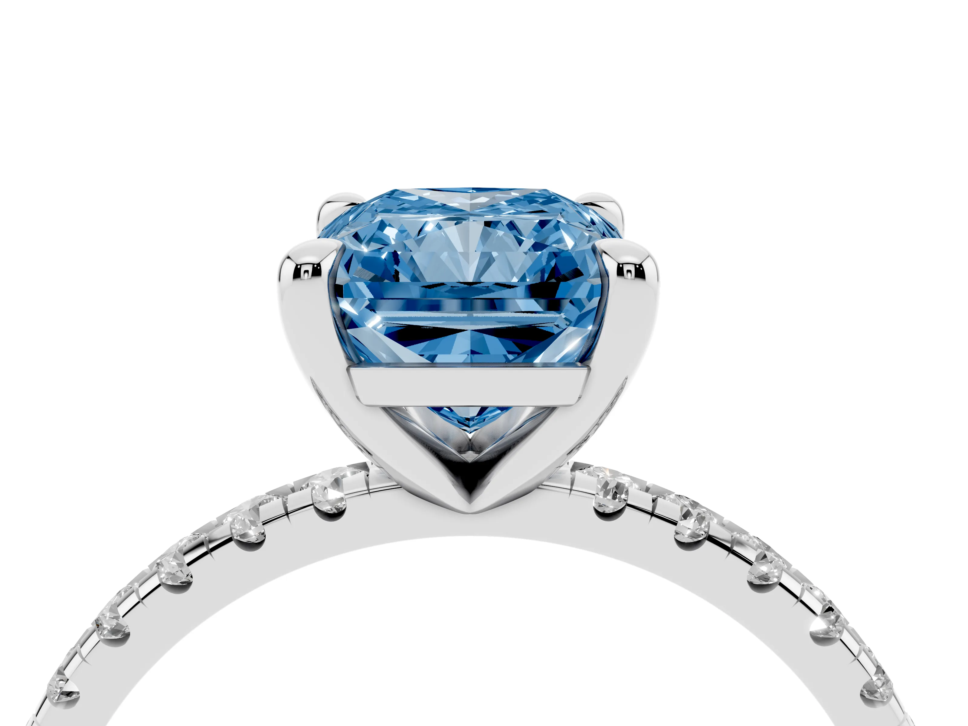 Fancy Blue Radiant Cut Diamond Brilliant Solitaire Ring Set in Platinum with Pavé Band and Prong Setting
