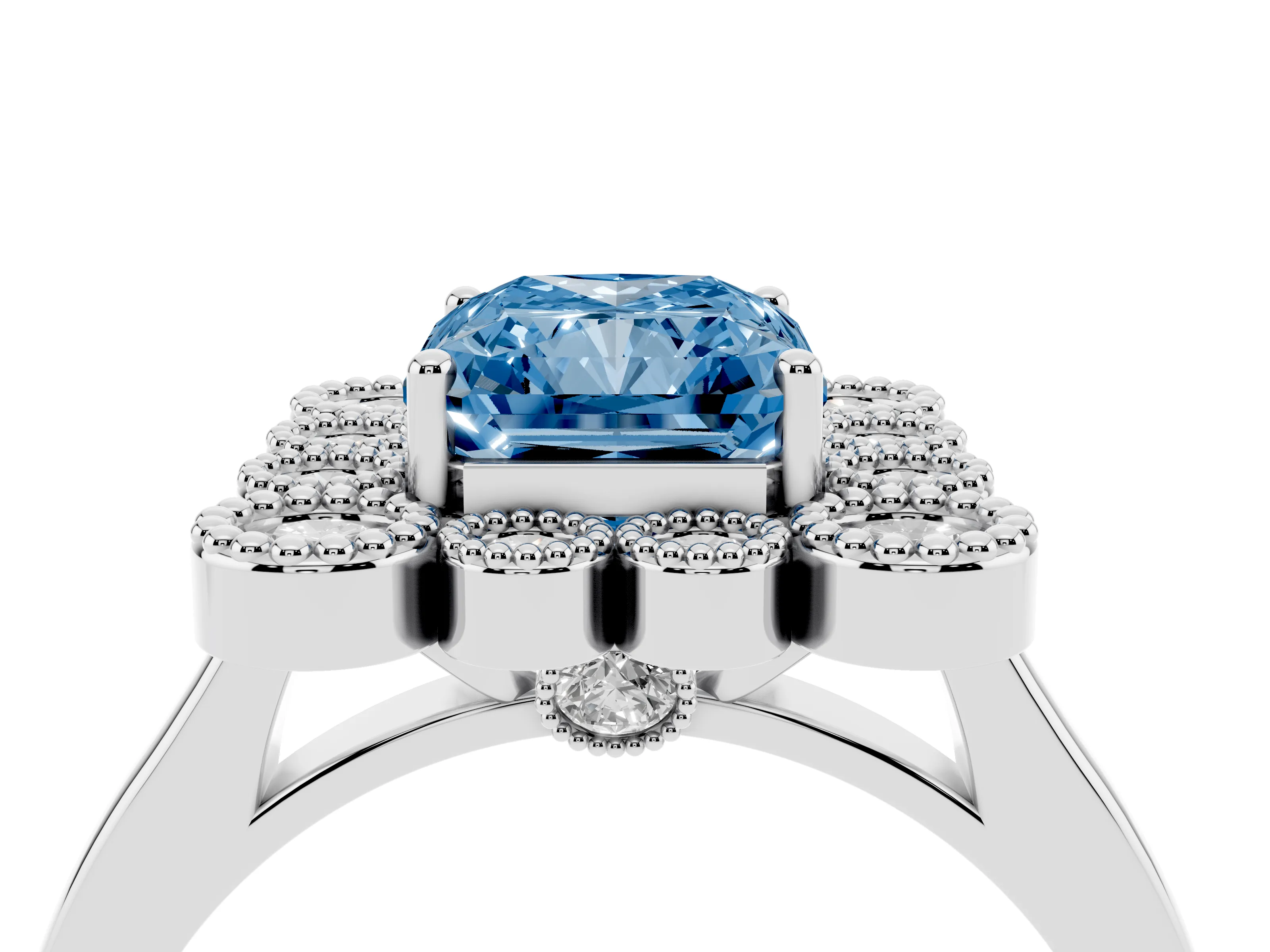 Fancy Blue Radiant Cut Diamond Cluster Halo Ring Set in White gold with Milgrain Bezel Accents and Plain Band