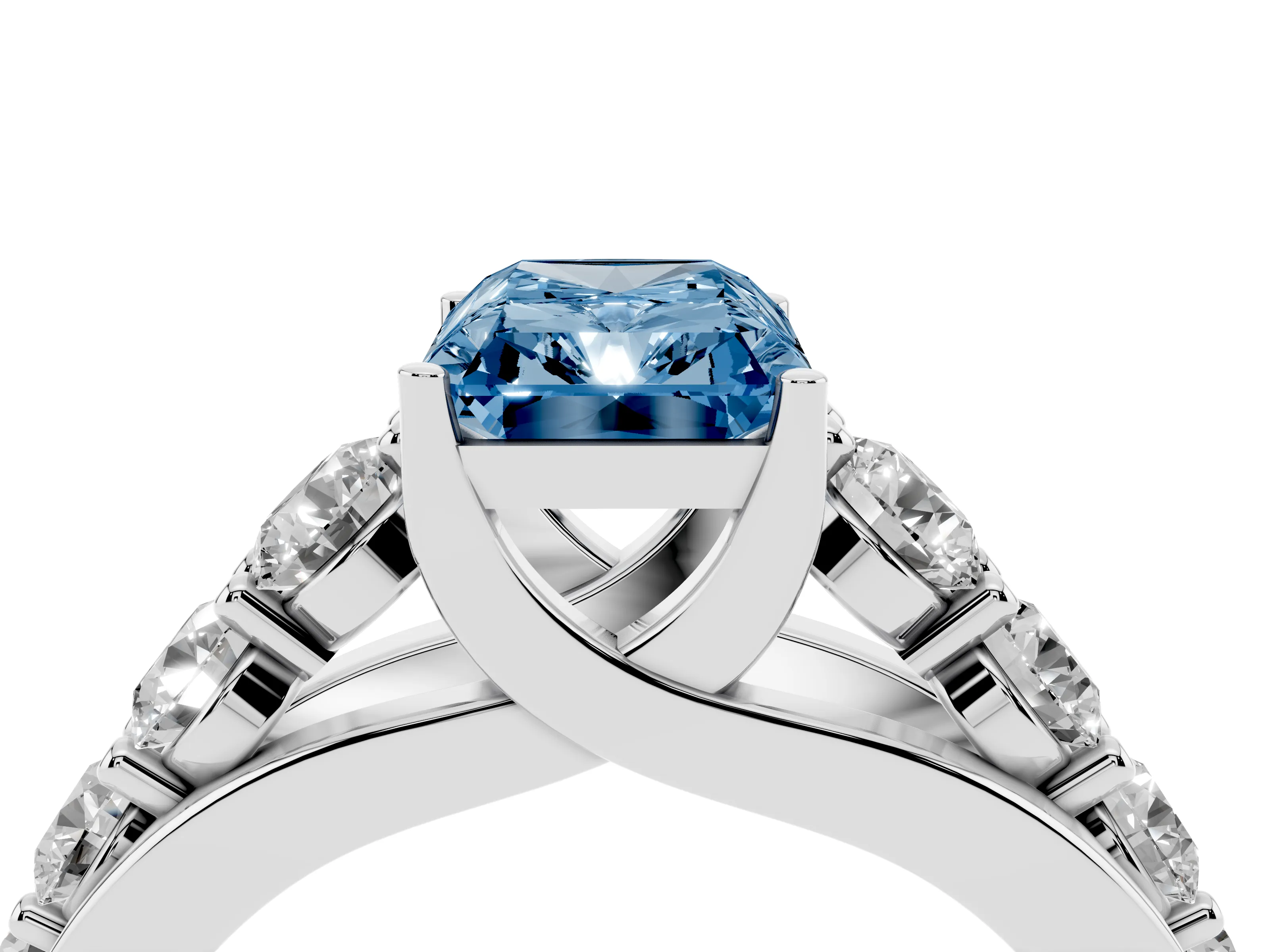 Fancy Blue Radiant Cut Diamond Pavé Engagement Ring Set in Silver with Prong Setting