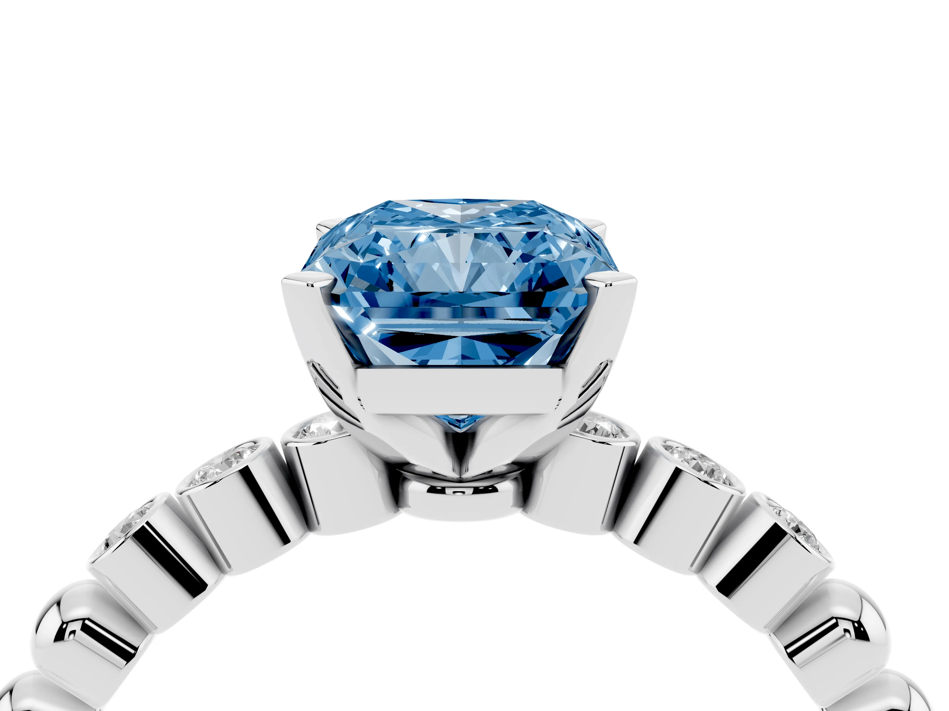 Fancy Blue Radiant Cut Diamond Solitaire Engagement Ring Set in Platinum with Bezel Accents on Beaded Band