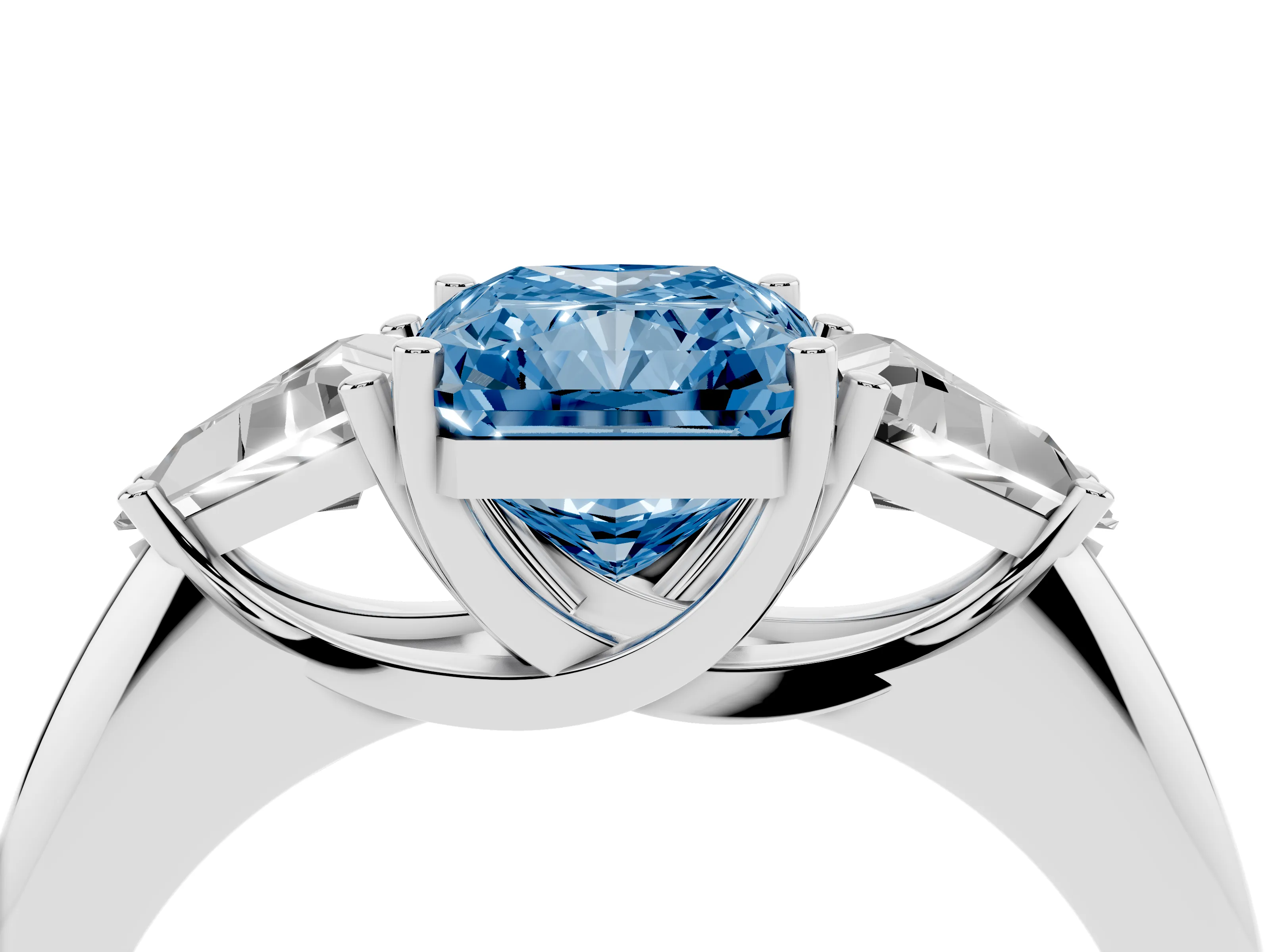 Fancy Blue Radiant Cut Diamond Three-Stone Engagement Ring Set in Silver with Trillion Side Stones