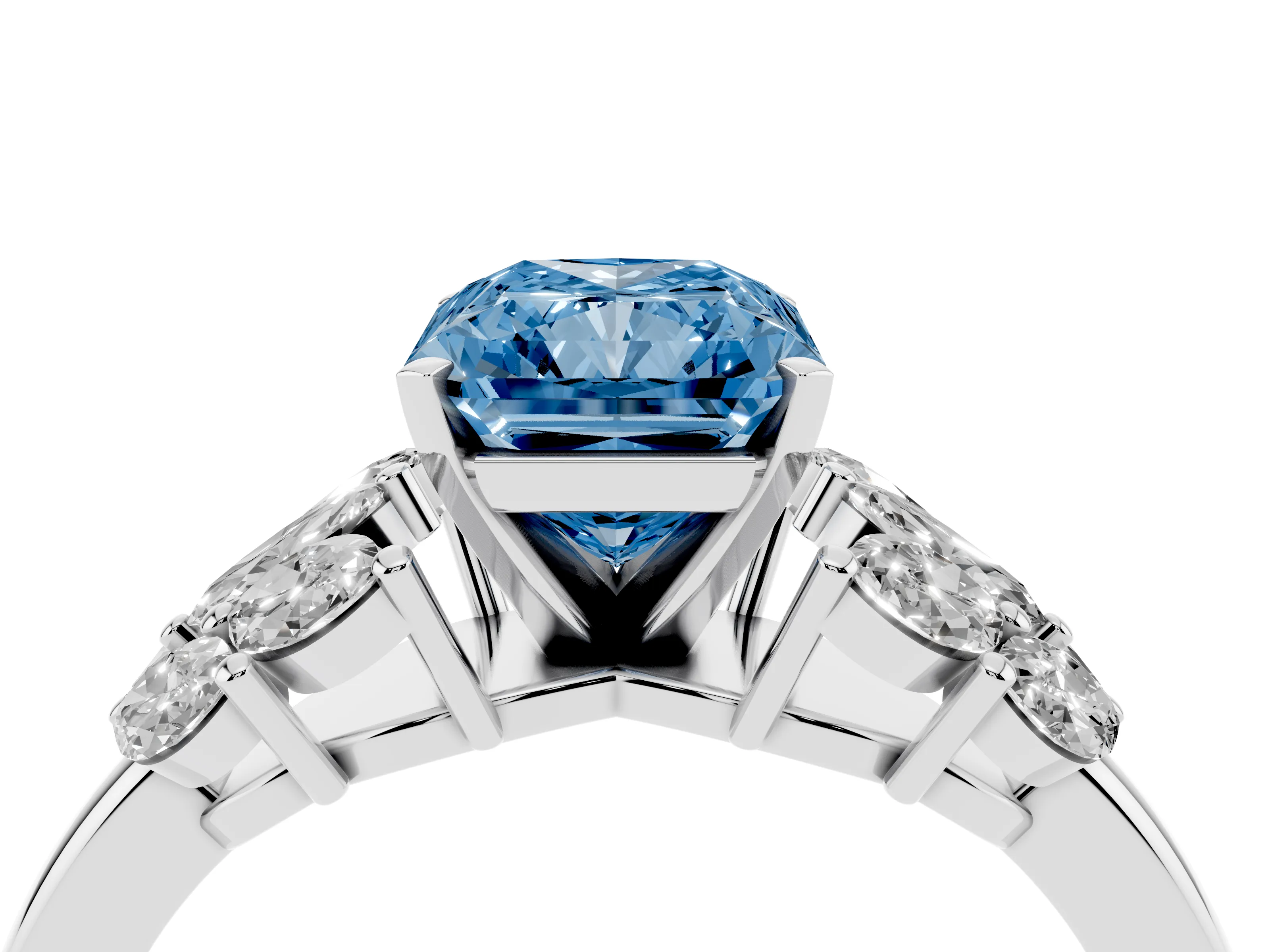 Fancy Blue Radiant Cut Diamond Cluster Leaf Design Ring Set in White gold with Prong Setting