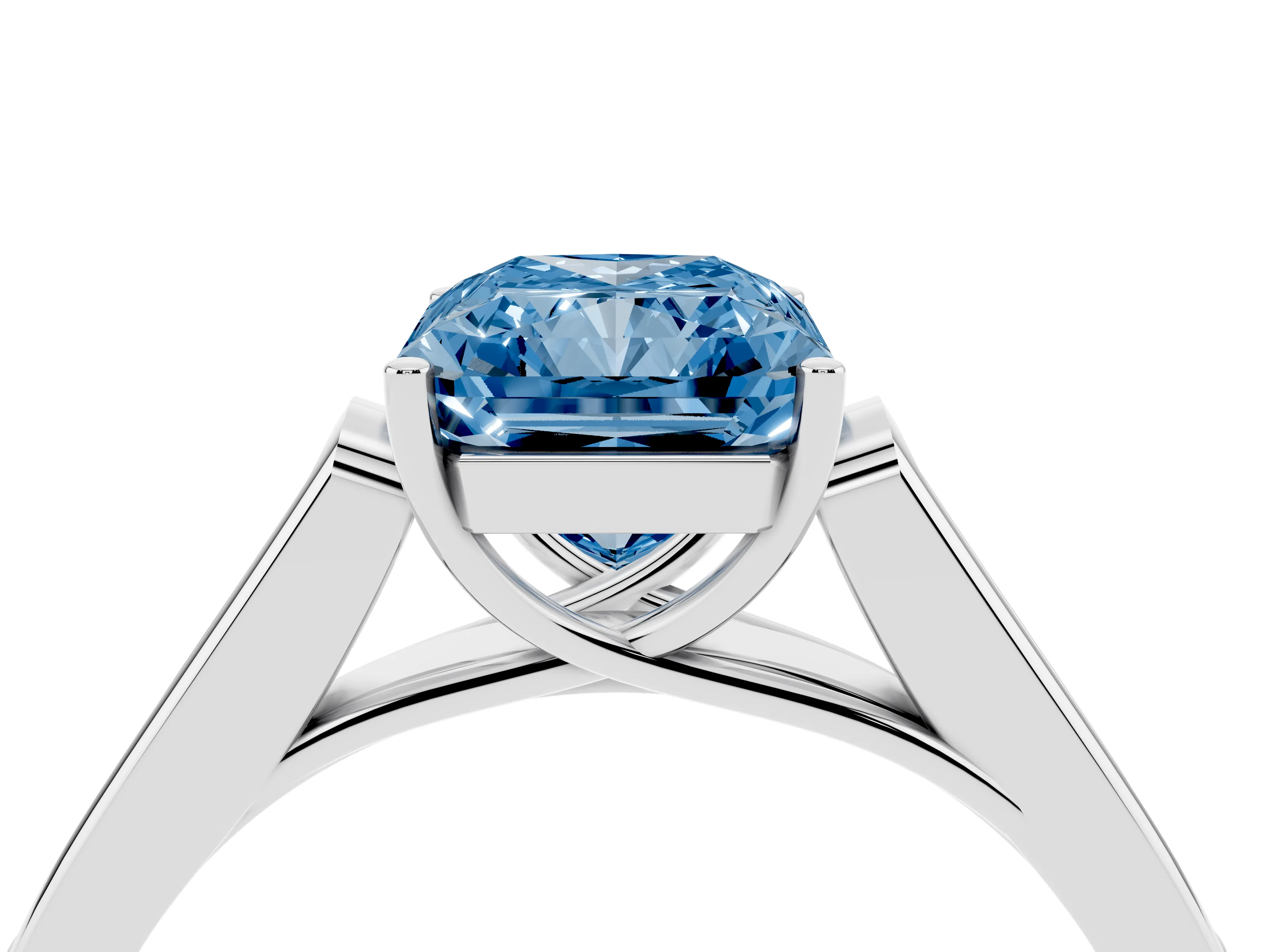 Fancy Blue Radiant Cut Diamond Solitaire Cathedral Engagement Ring Set in Platinum with Channel-Set Band and Prong Setting