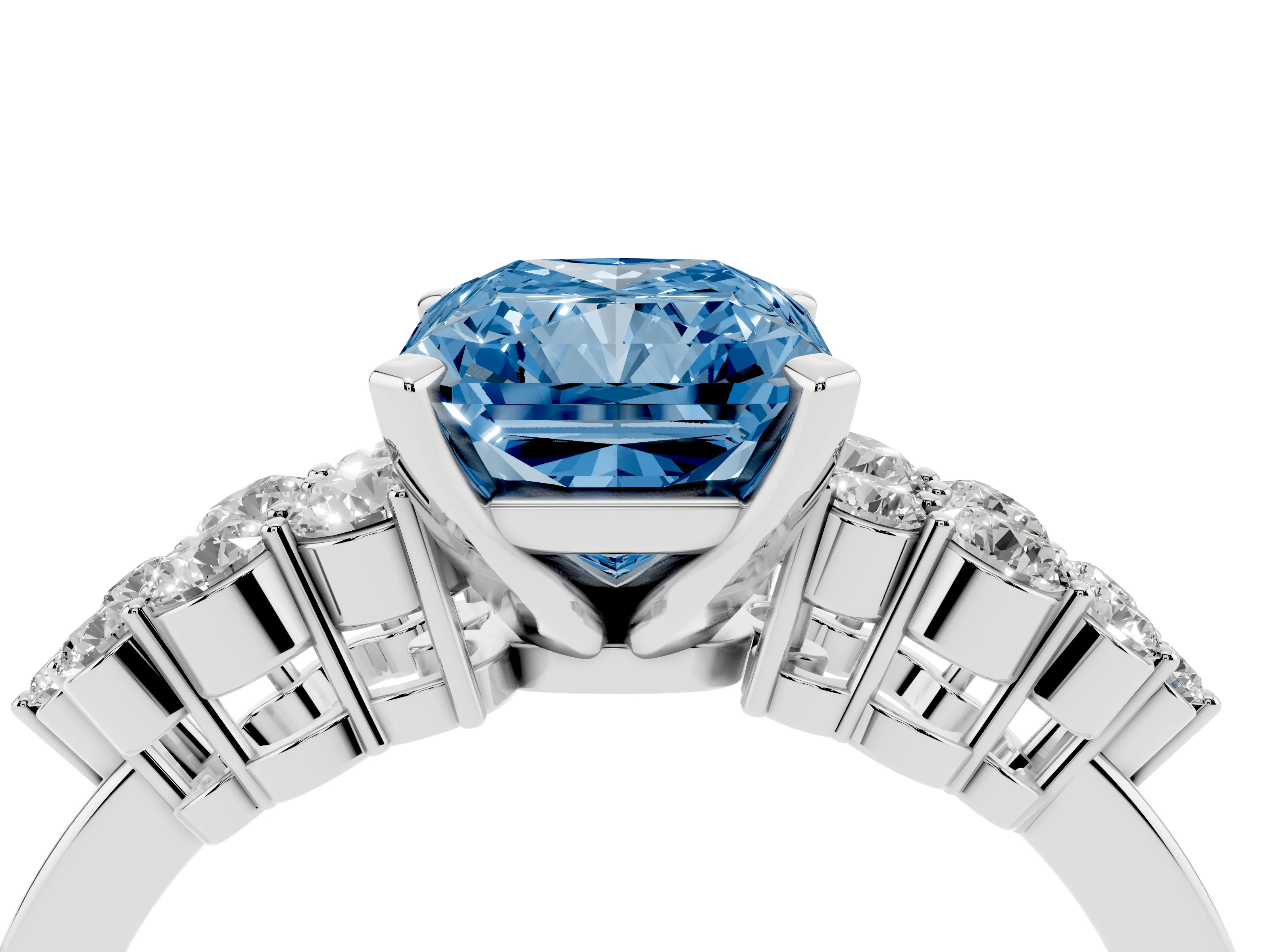 Fancy Blue Radiant Cut Diamond Cluster Engagement Ring Set in Silver with Pavé Band and Prong Setting