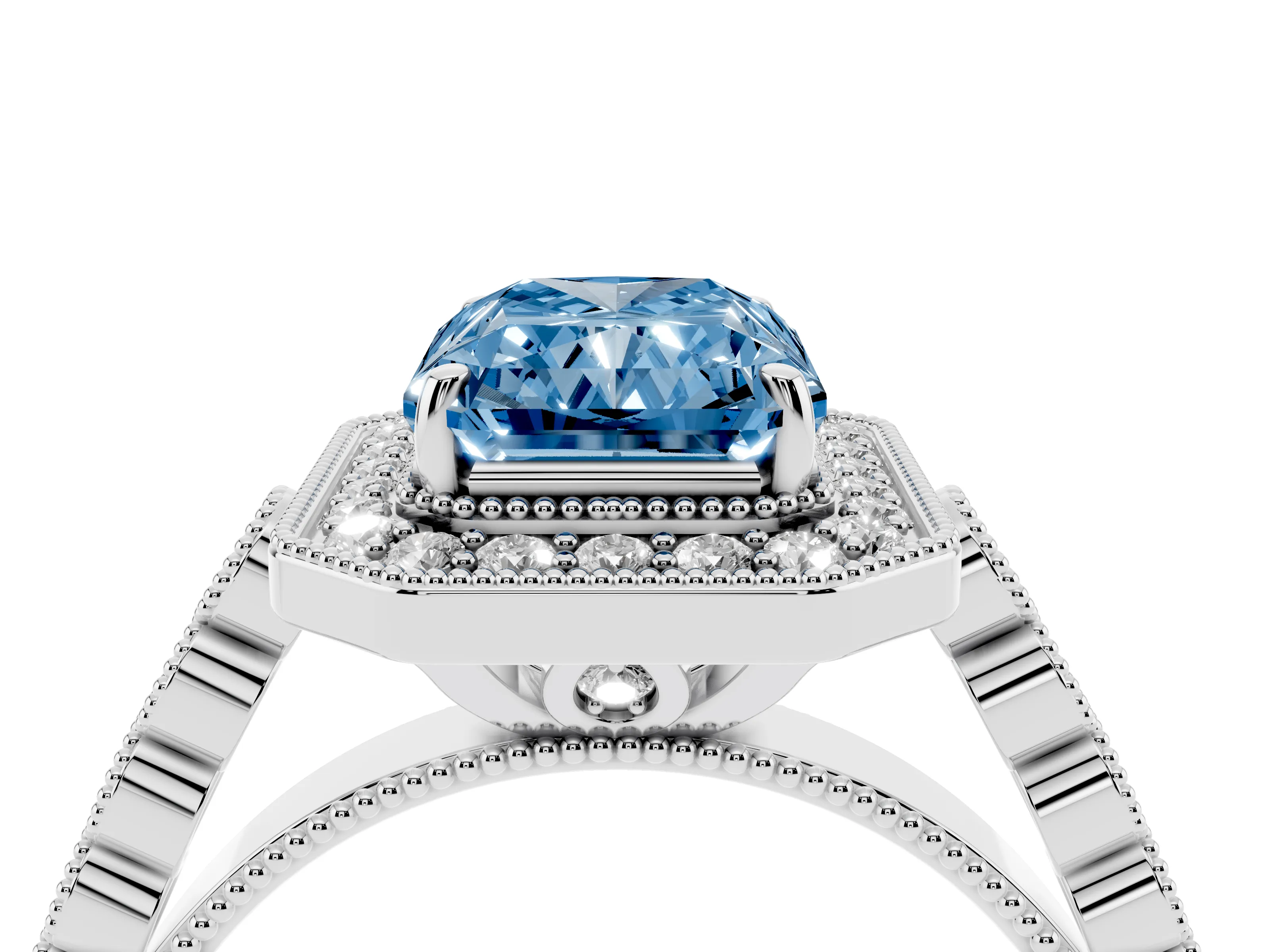 Fancy Blue Radiant Cut Diamond Milgrain Halo Solitaire Ring Set in Platinum with Bezel Set Side Stones and Pavé Band