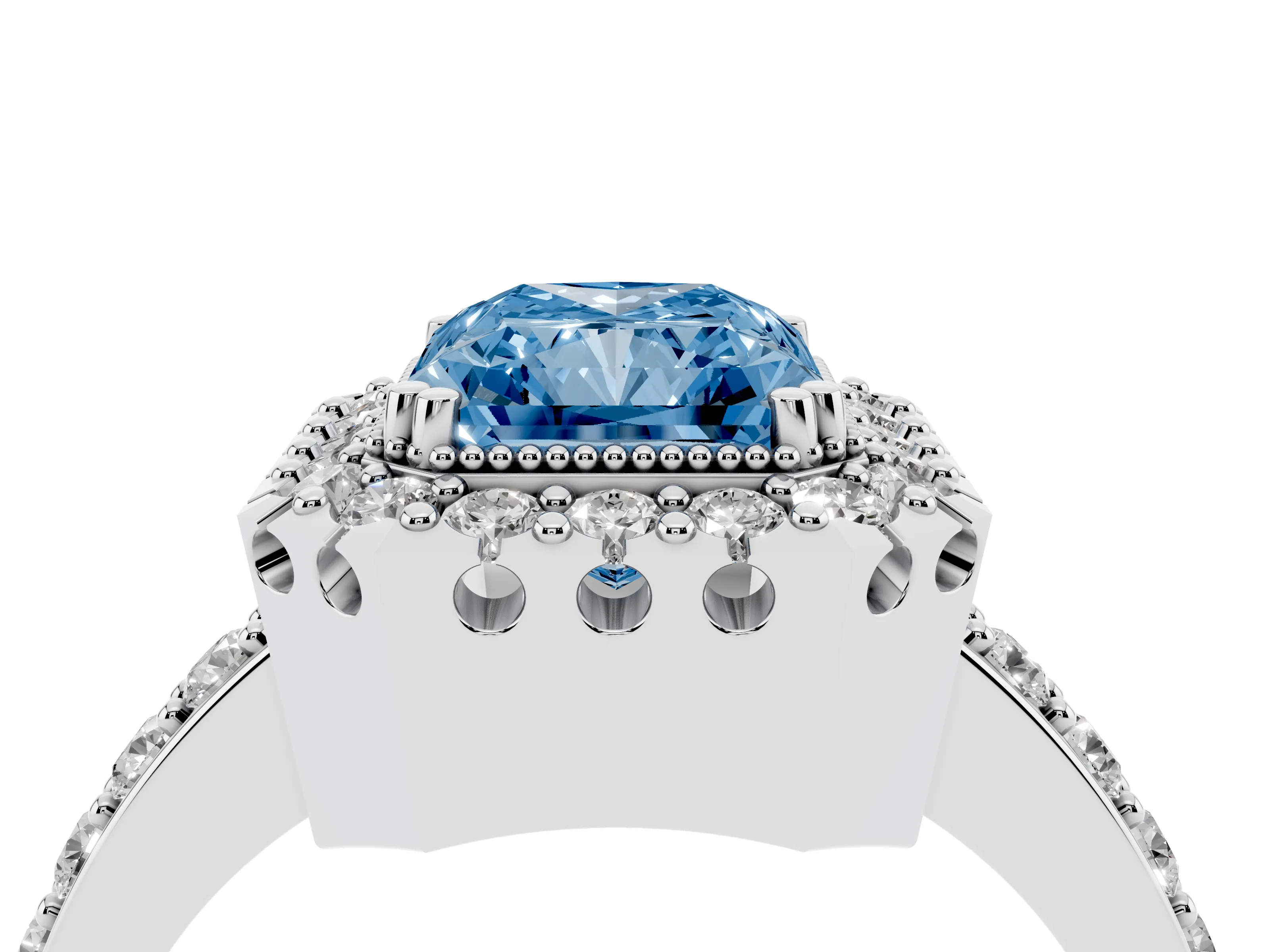 Fancy Blue Radiant Cut Diamond Halo Ring Set in White gold with Pavé Shank and Prong Setting