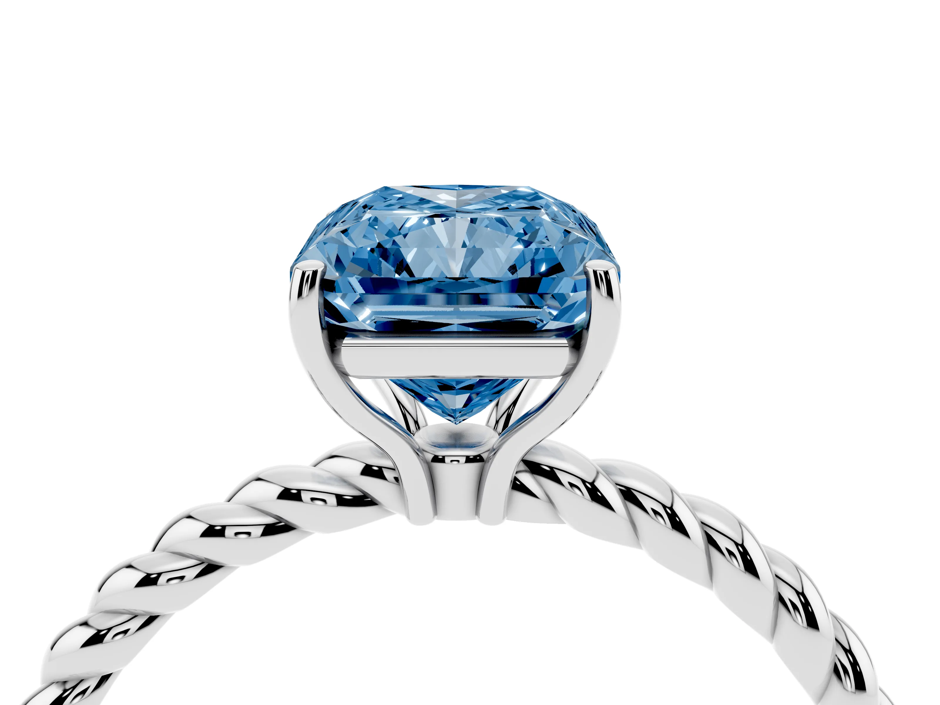 Fancy Blue Radiant Cut Diamond Solitaire Ring Set in White gold with Twist Band and Prong Setting